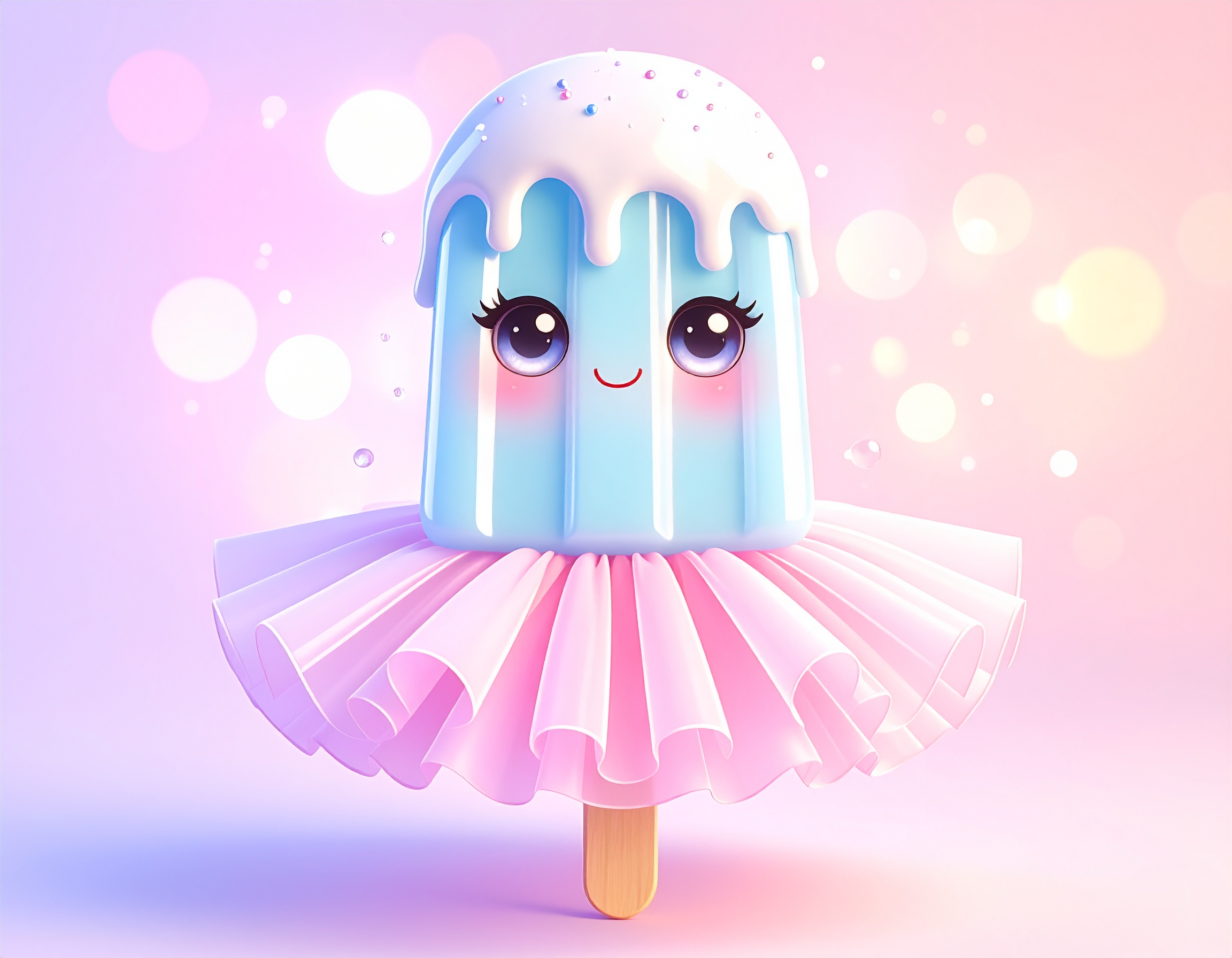 3d blue popsicle made of glass, big doe eyes, white ooze with a soft pillow texture dripping from the top, short pink ruffle tutu, soft fantasy lighting with transparent bubbles and bokeh flares in th