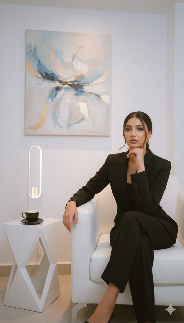 Confident Woman in Black Suit on Luxurious Chair