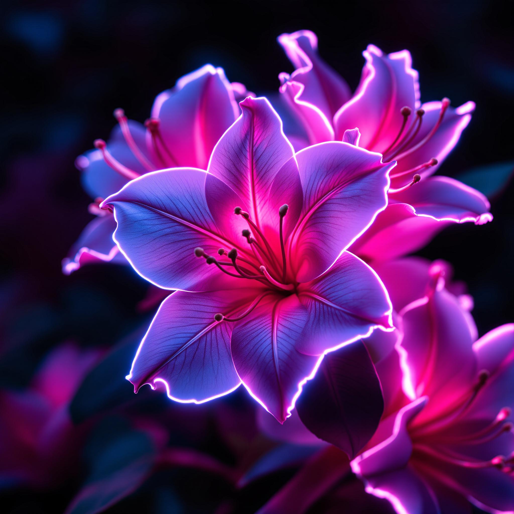 A blooming Azalea bush portrayed in Neon Edge Illumination, with vivid glowing lines tracing the form. Use intense ruby red and pastel pink hues to outline the subject, standing out boldly against a s