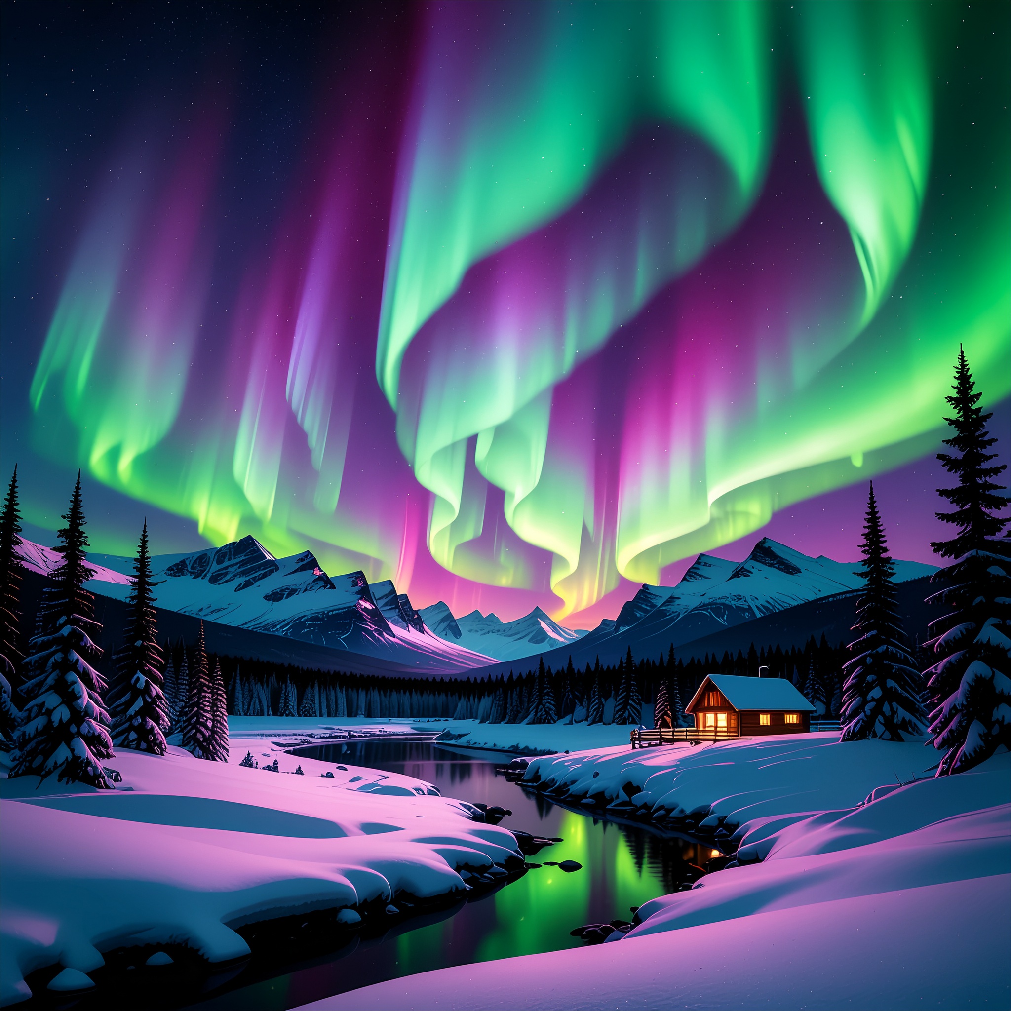 A breathtaking view of a celestial aurora borealis dancing across the night sky, with swirling patterns of green, pink, and purple light illuminating the snow-covered landscape below. The stars twinkl