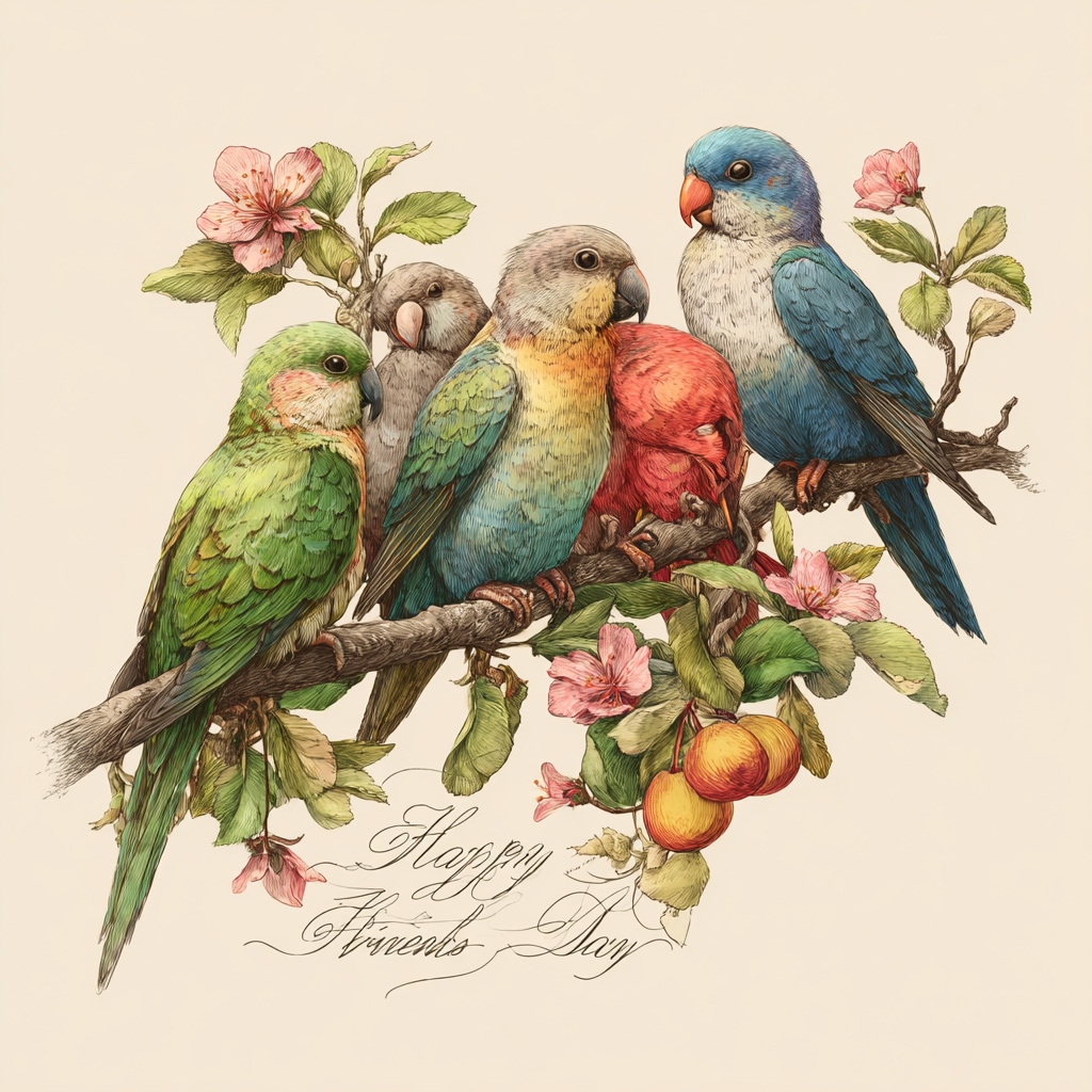 A Cheerful Group of Parrots Celebrating Friendship Day