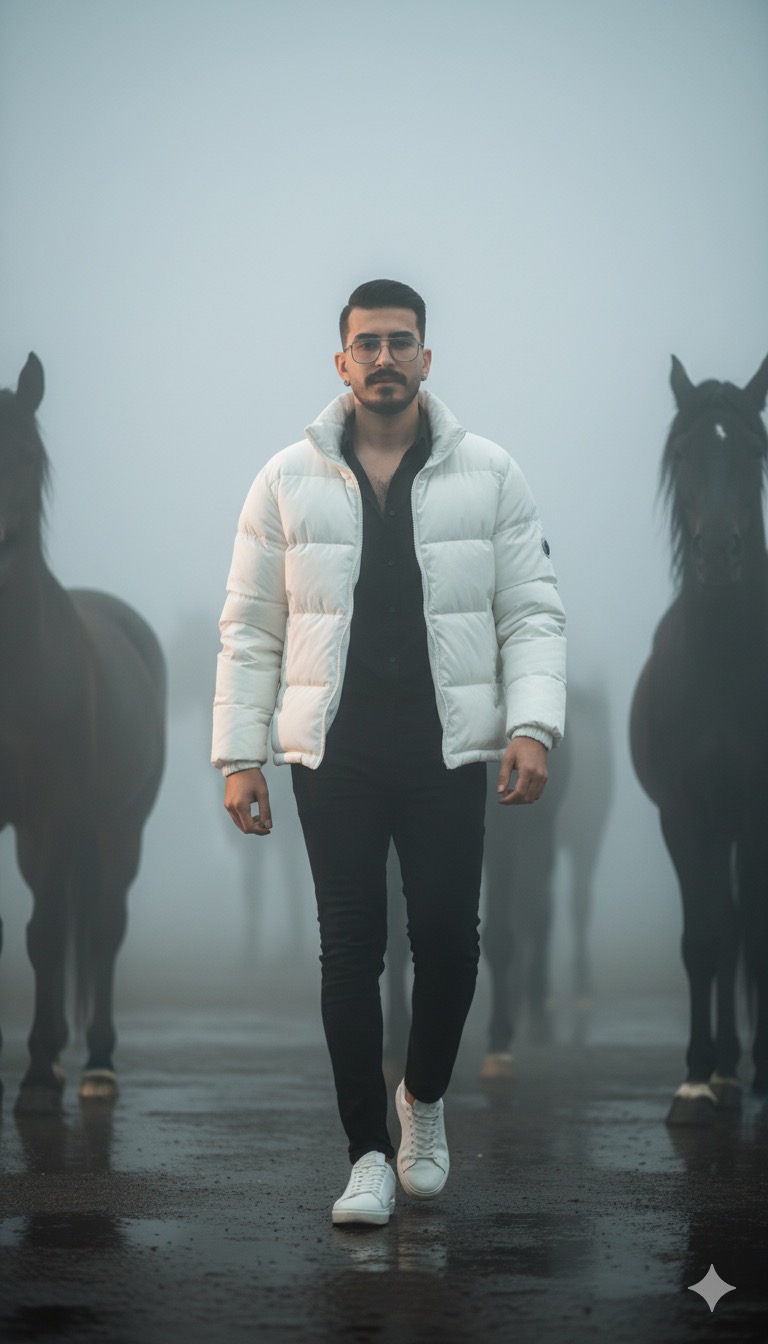 Misty Fashion: Man in White Jacket Walking