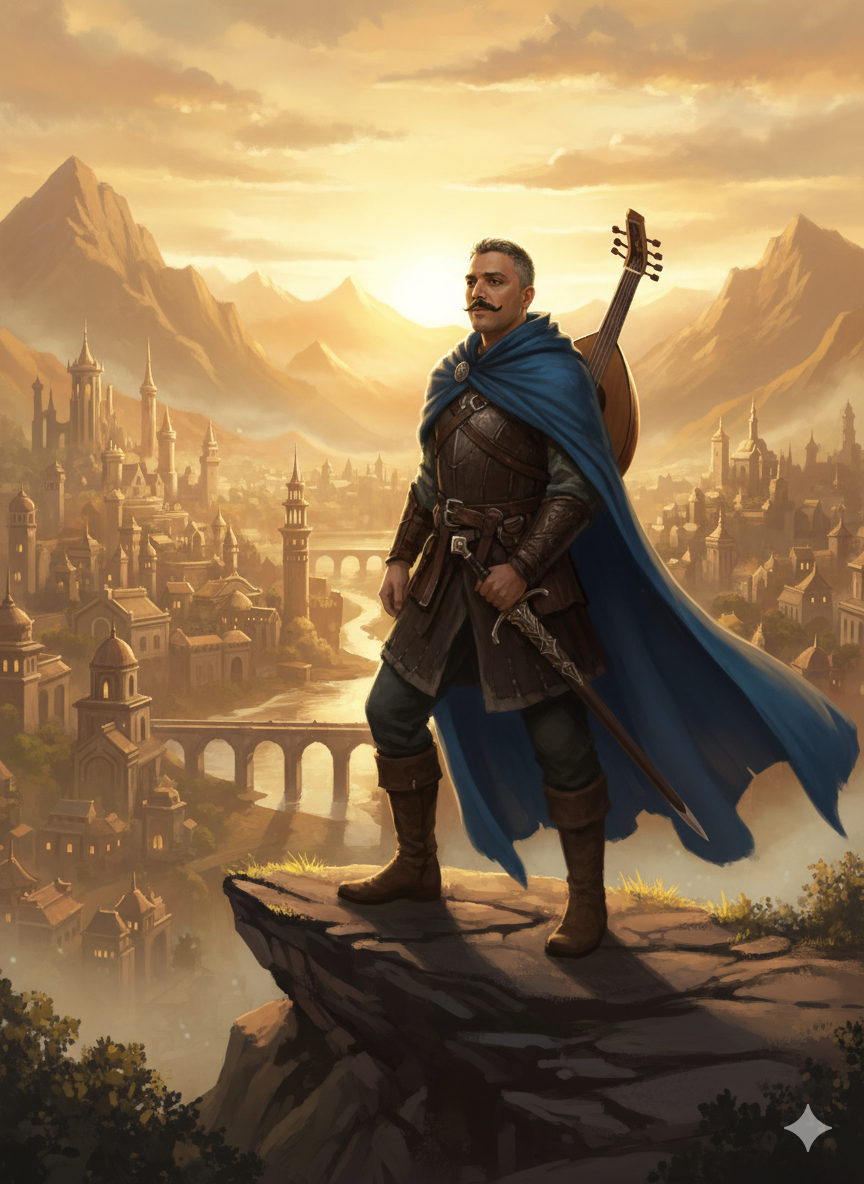 Epic Fantasy Illustration: Heroic Traveler at Sunset
