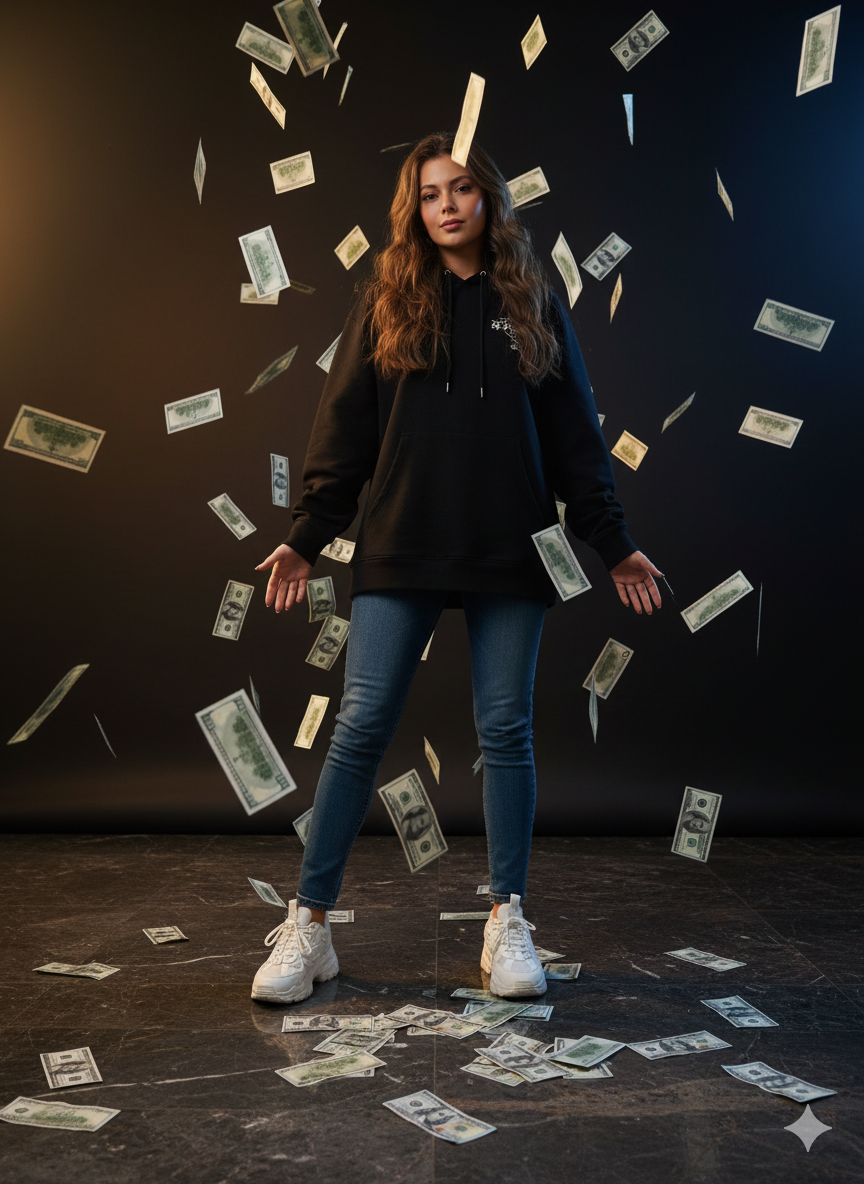 Stylish Streetwear and Money Rain in Slow Motion