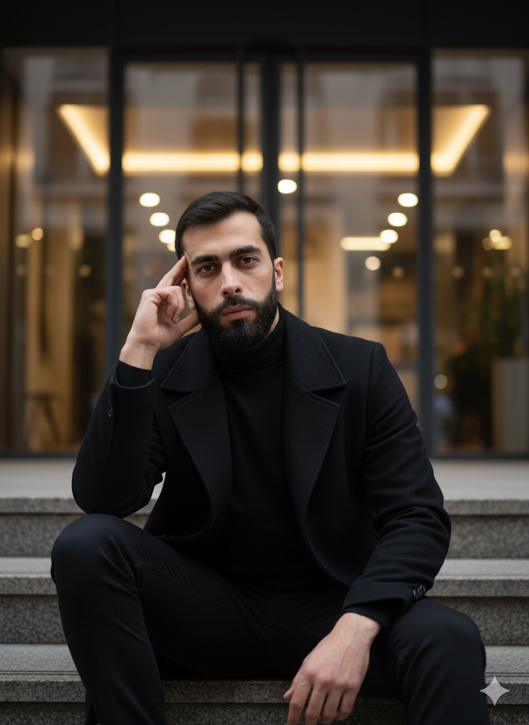 Urban Self-Portrait: Casual Confidence on Stone Steps