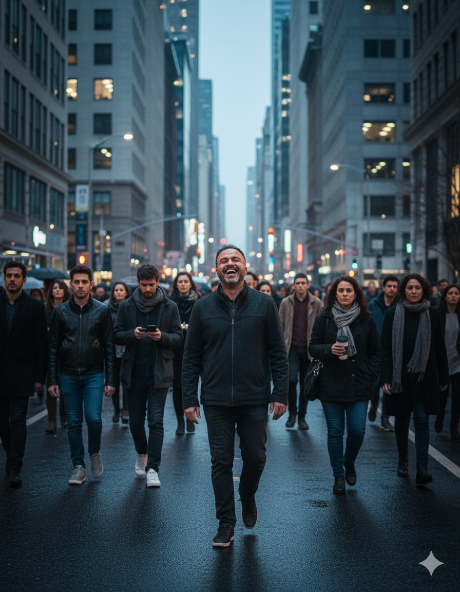 Contrasting Joy: Urban Street Scene at Dusk