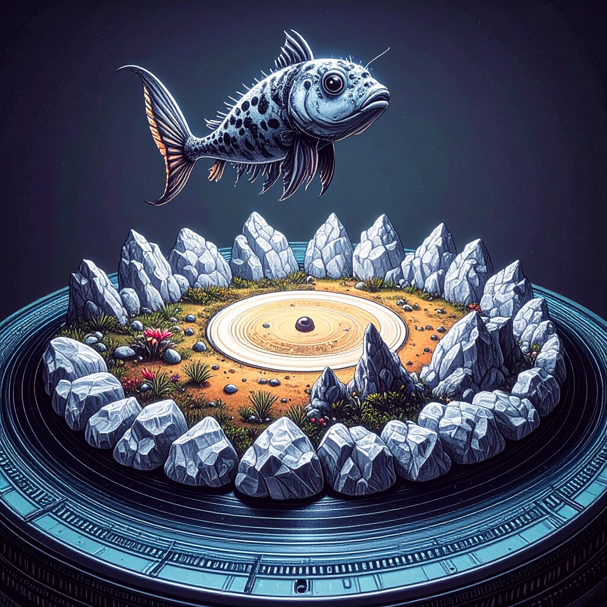 A city invaded by vegetation of different species in the middle of the planet Mars and small rock formations in the shape of a crystallized vinyl record, all in ultraviolet psychedelic style and in 8k