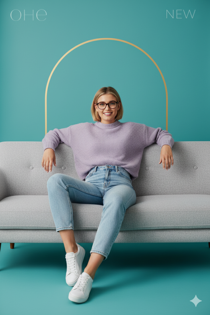 Chic Woman on Scandinavian Sofa: Advertisement Art