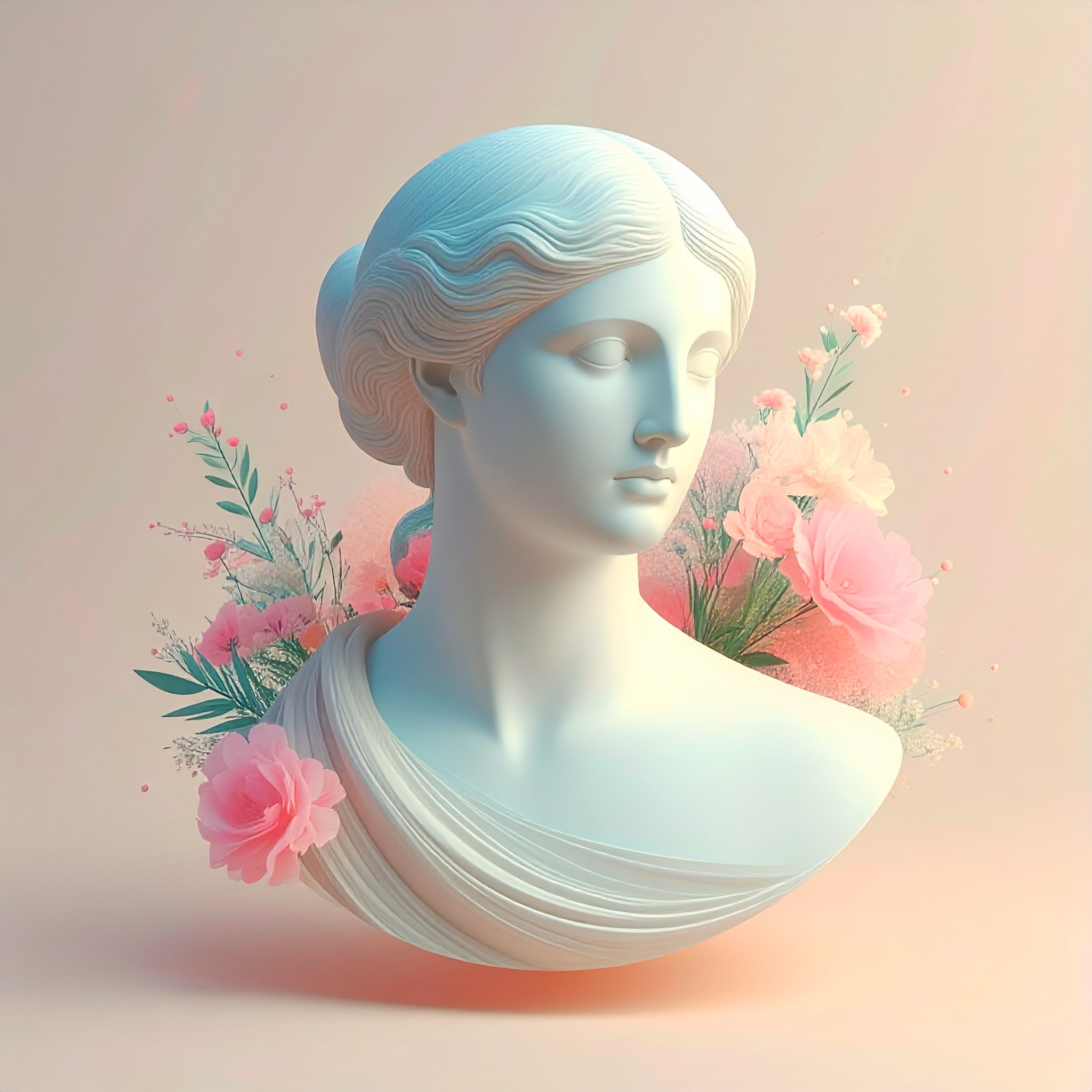 Hellenistic Statue Surrounded by Flowers