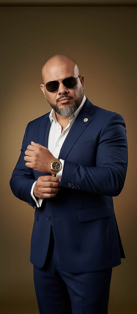 Stylish Man in Navy Suit Adjusting Cufflinks