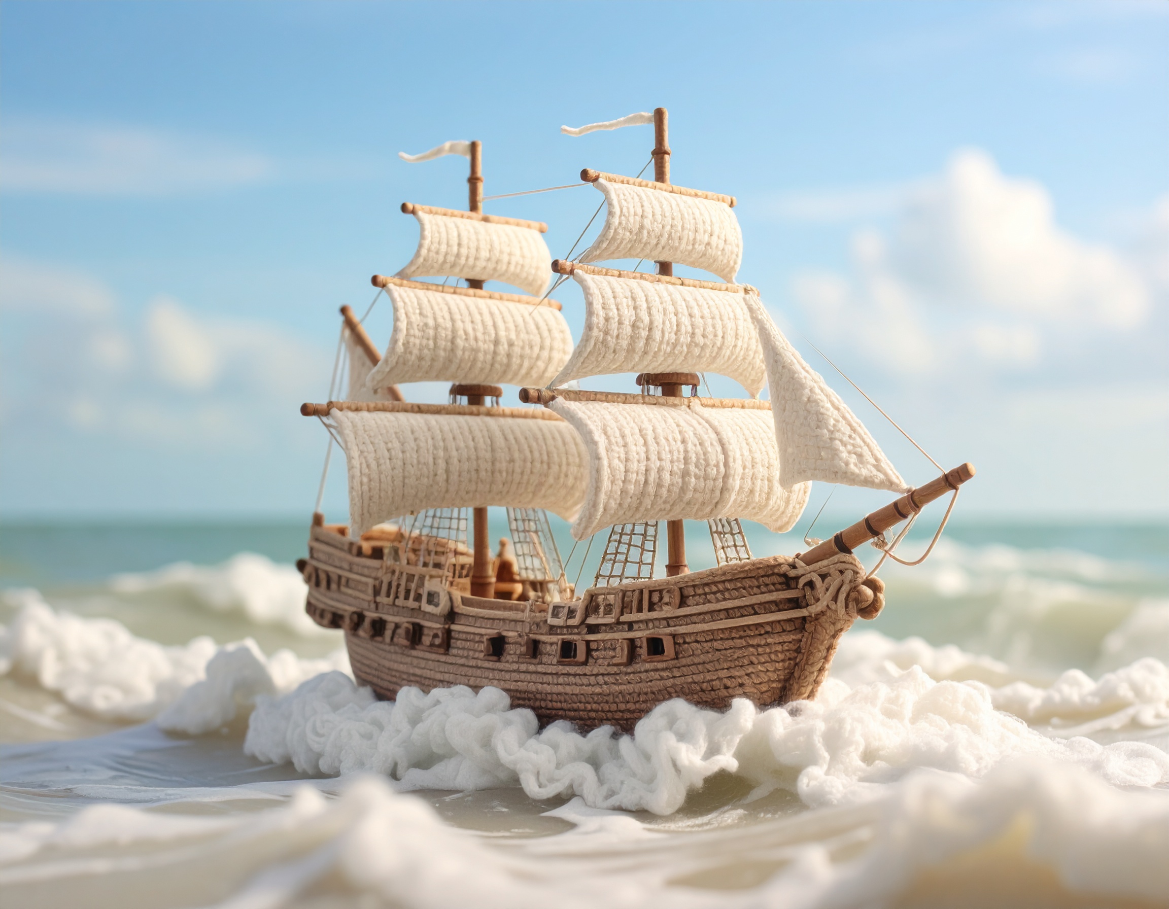 A crocheted pirate ship sailing in a rough sea