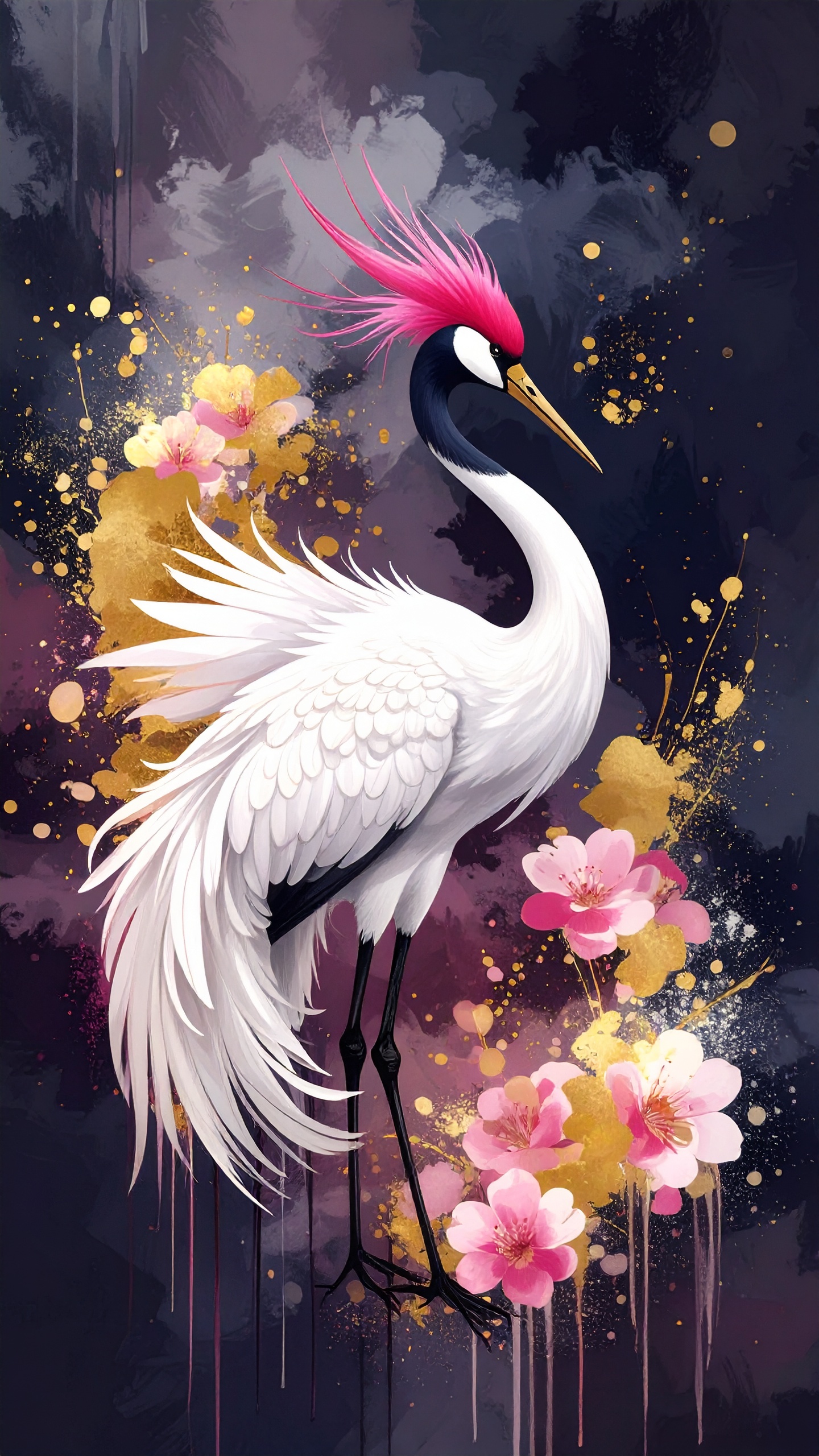 A digital painting depicts a graceful white crane with a striking pink crest, set against an abstract, textured dark background with gold and white brushstrokes. The crane's long neck and elegant post