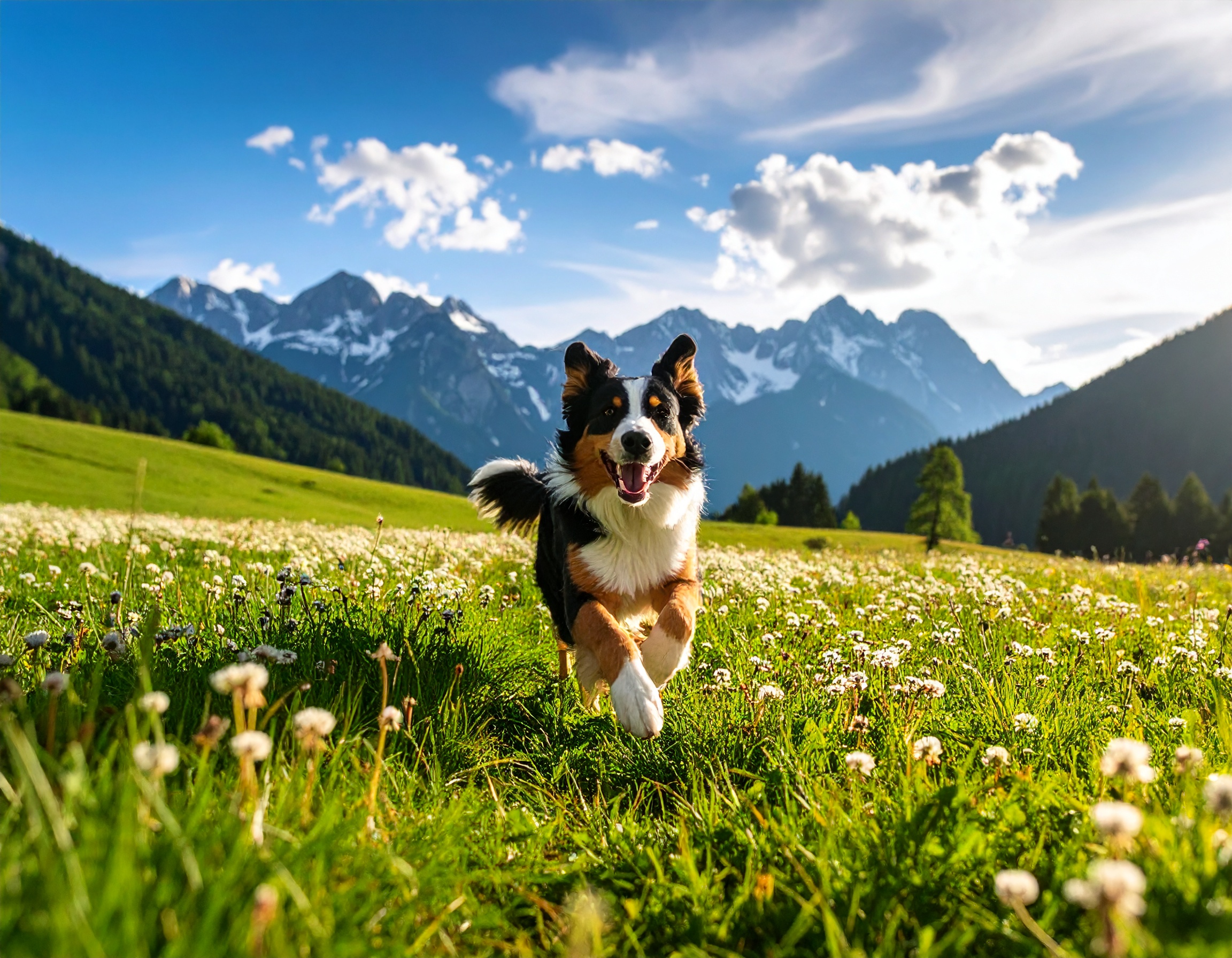 A dog running across a meadow