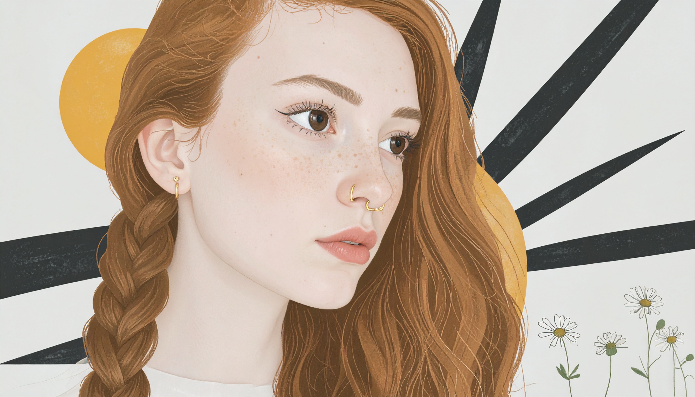 A dreamy, freckled girl with long wavy hair and a side braid. Her large brown eyes gaze softly forward, framed by delicate lashes and a peaceful expression. A small gold nose ring glints on one nostri