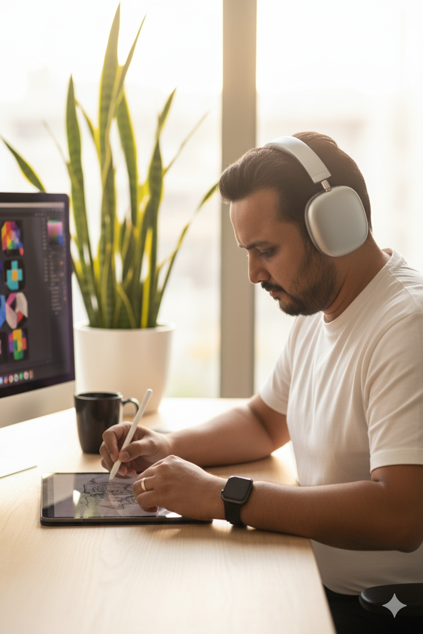 Creative Workspace: Man Drawing on iPad with Airpods