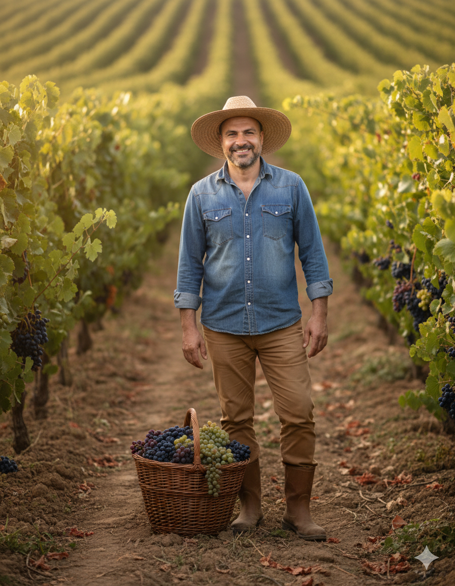Cheerful Middle-aged Farmer in Vineyard Harvesting Grapes