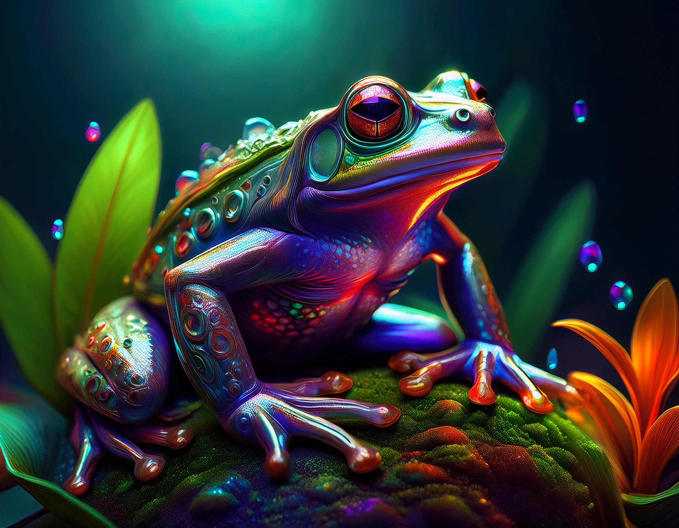 A frog made of a man's stone. Bright on the outside . It sits on top of a leaf.