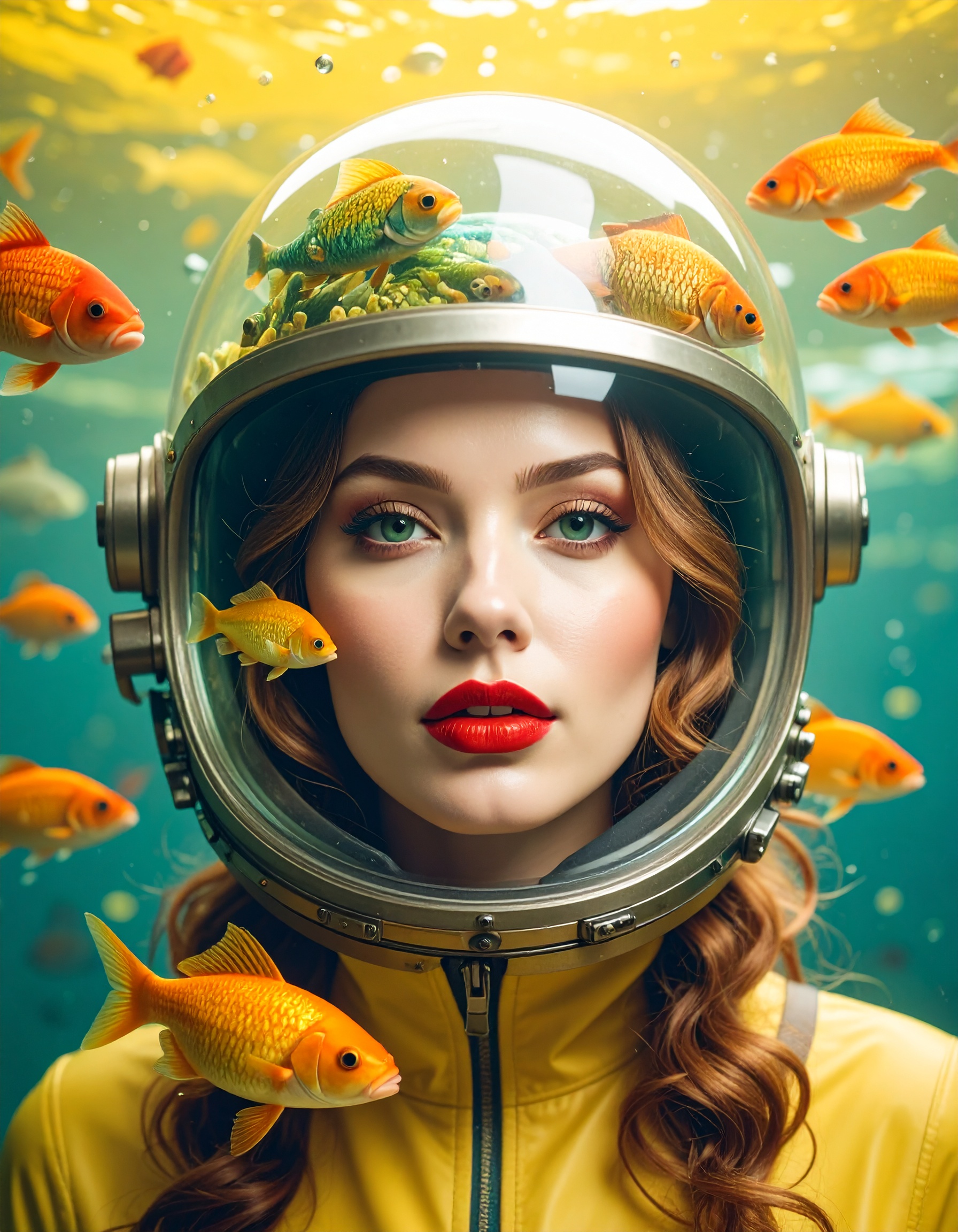 A front-facing portrait of a woman with striking green eyes and bold red lips, wearing a vintage-inspired helmet adorned with intricate fish motifs (scales, fins, and aquatic patterns). The background