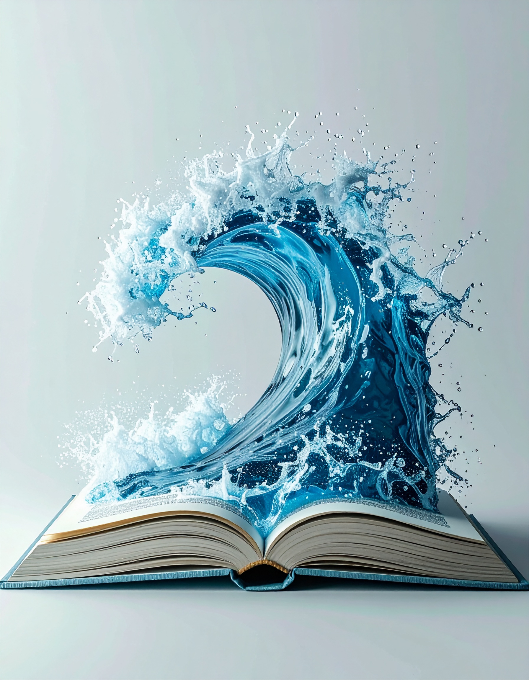 A giant, realistic ocean wave bursting from the pages of an open book, water droplets suspended in air, on a light solid background — hyper-detailed splash, cinematic lighting, clean edges, profession