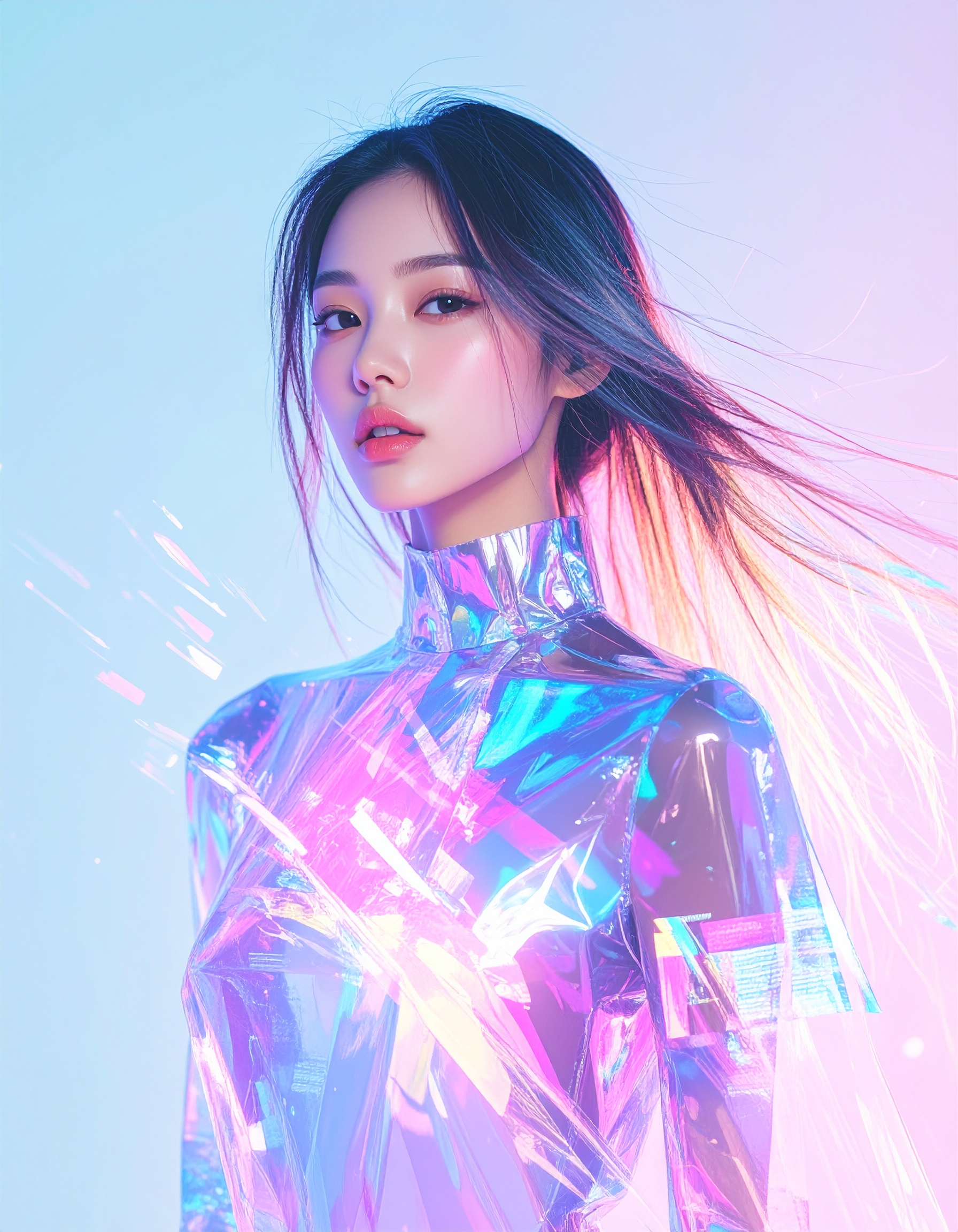 A glitch art-style uprising featuring a transparent crystalline human figure, fragmented by digital interference and pixel trails — pastel-focused design with sky blue and pale lilac as primary colors