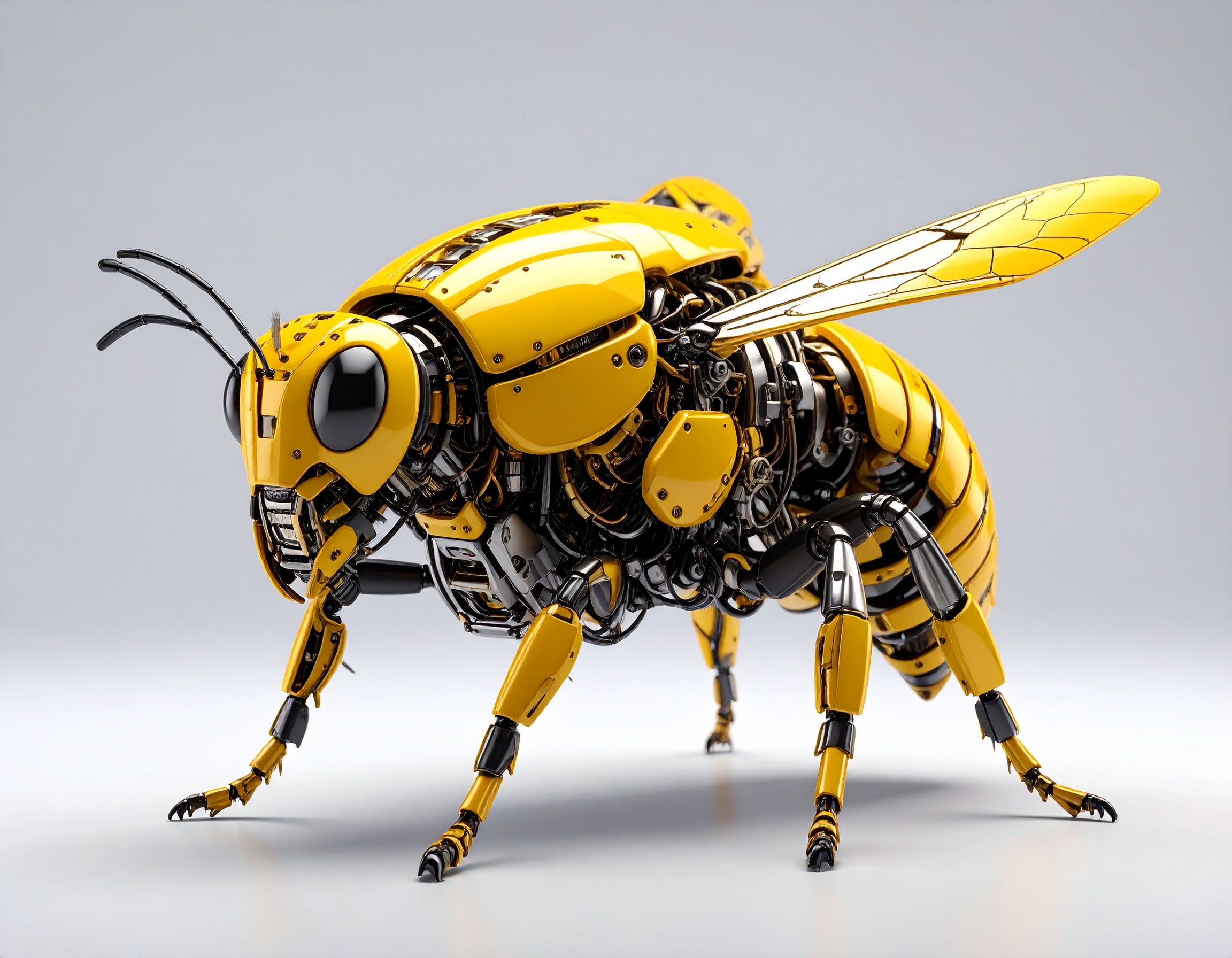 A highly detailed robotic bee constructed with numerous intricate mechanical components, gears, and joints, giving it a futuristic and industrial appearance. Its body is predominantly yellow with blac