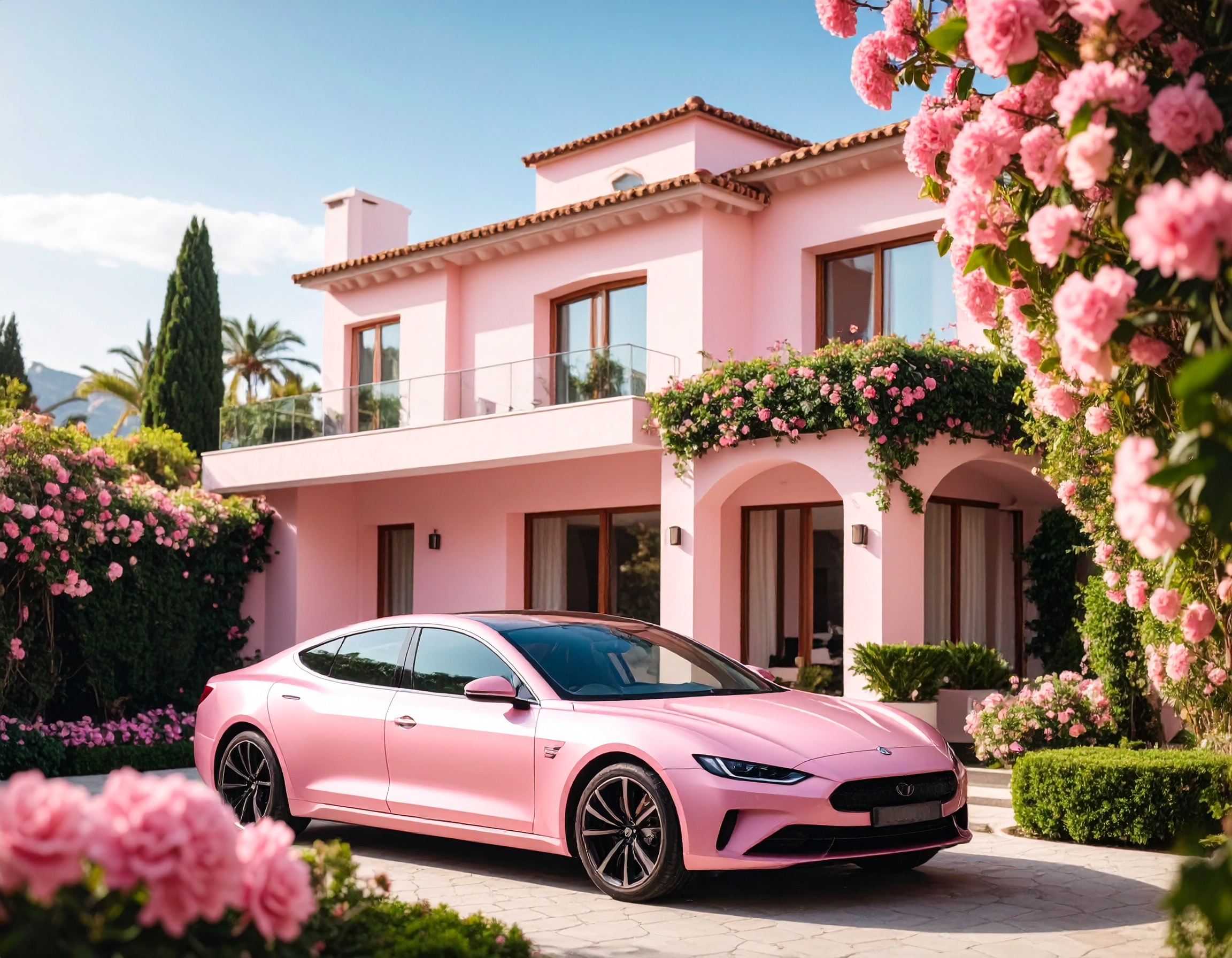 Luxurious Pink House with Car