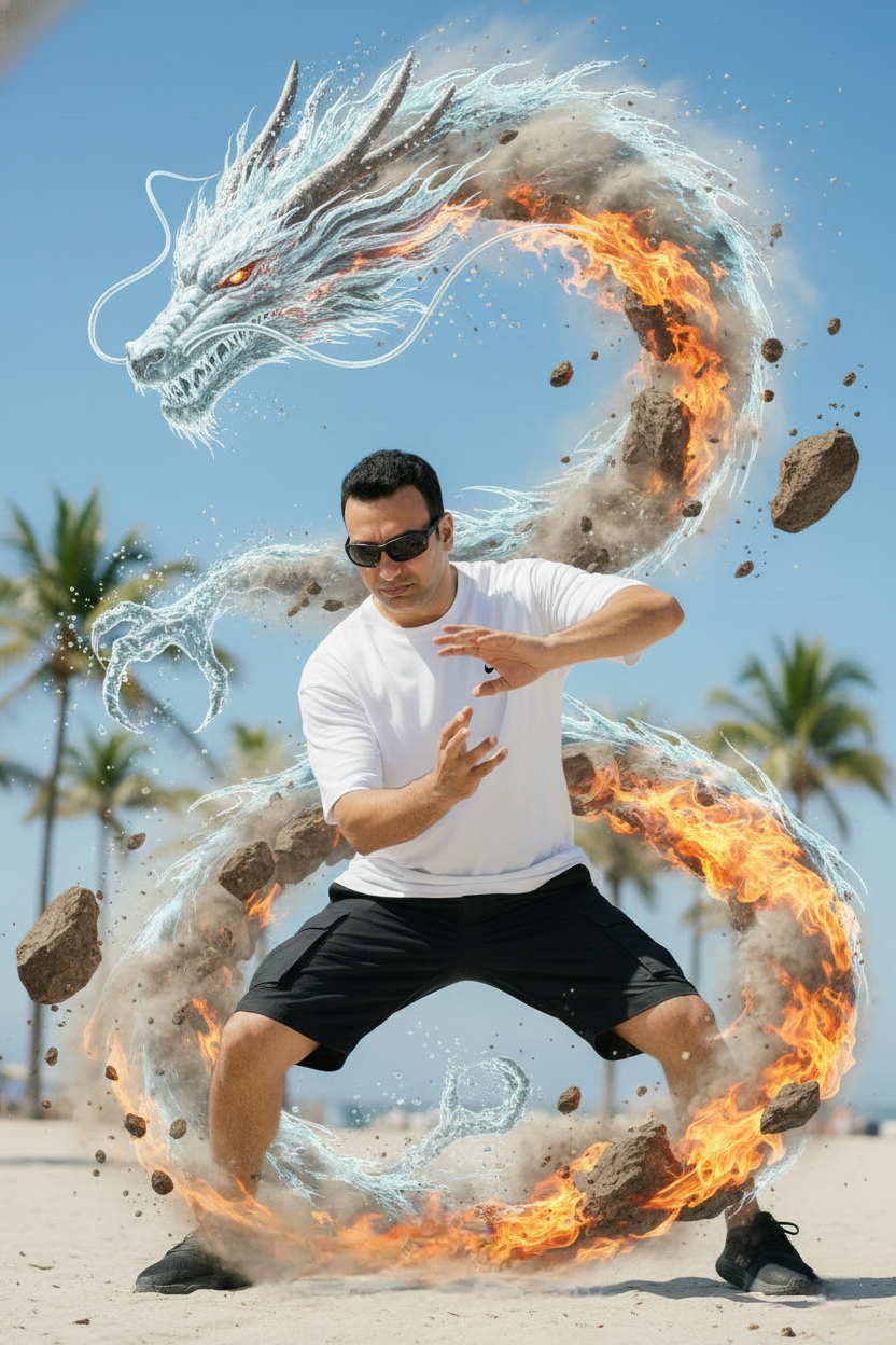 8K Cinematic Avatar Bending Stance with Elemental Dragon