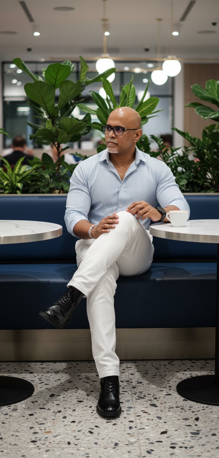 Cinematic Editorial Portrait: Fashionable Man in Modern Cafe