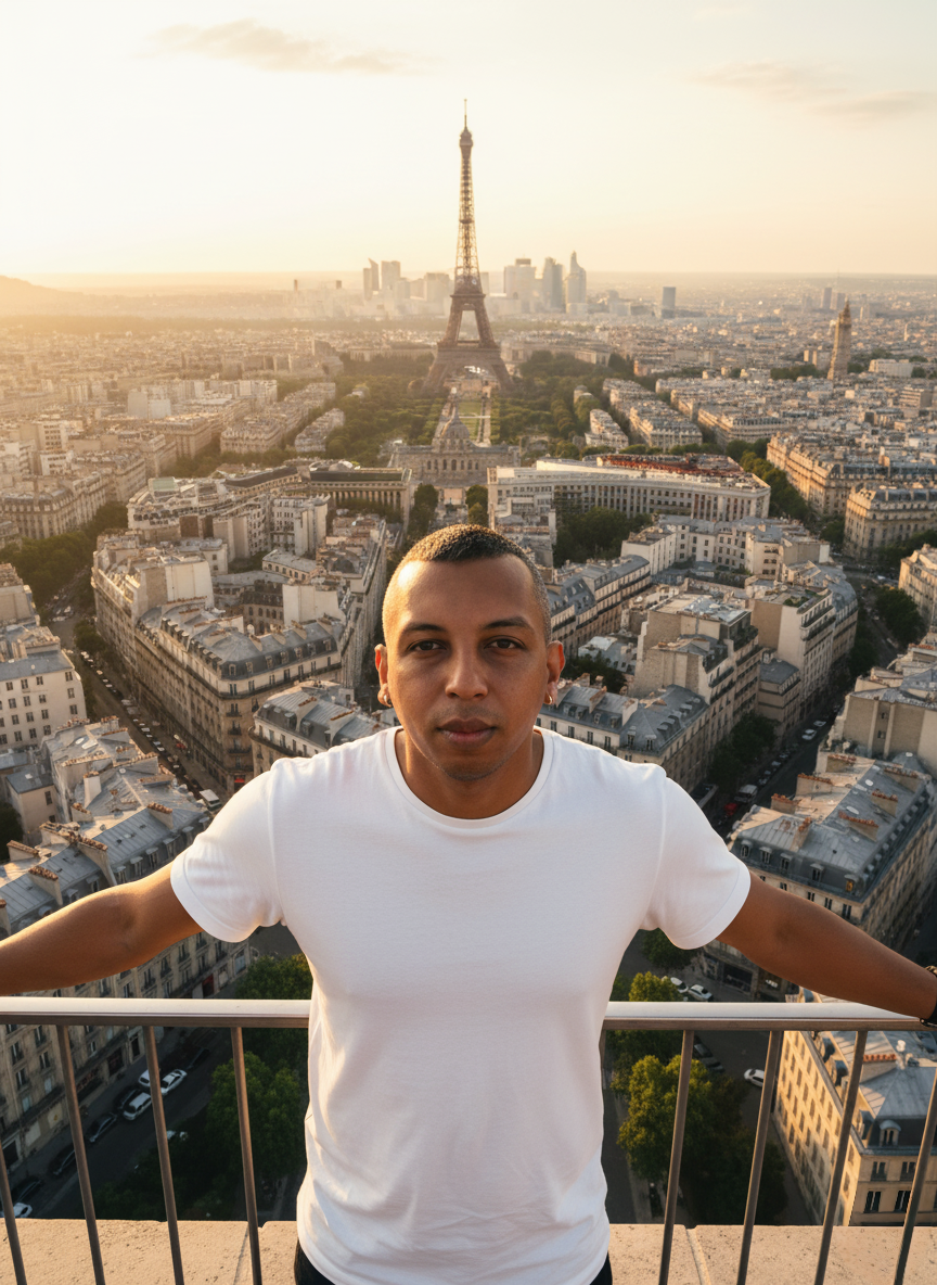 Hyper-Realistic Parisian Skyline Scene with Young Man