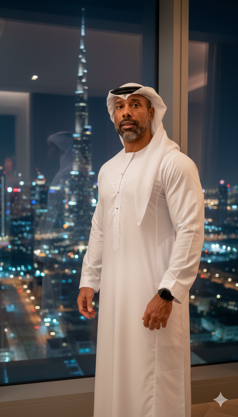 Hyper-realistic Night Portrait: Black Man in Dubai Penthouse