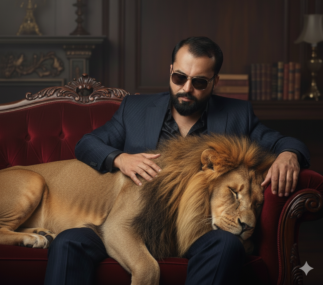 Hyper-Realistic Gangster Portrait with Majestic Lion