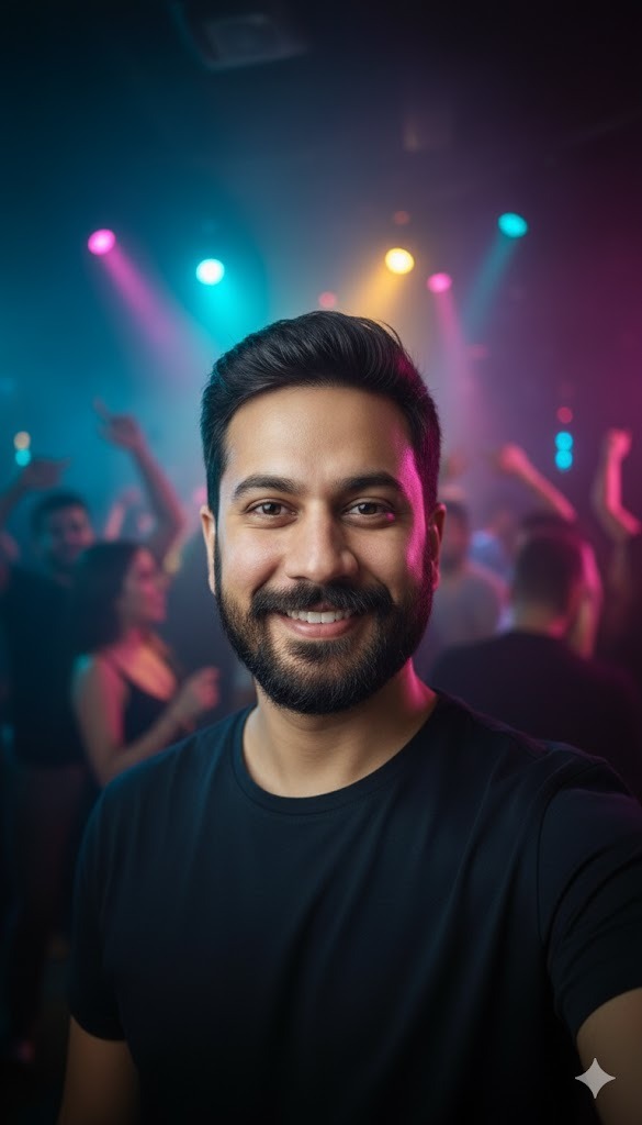 Hyper-realistic Selfie: Young Adult in Nightclub Atmosphere