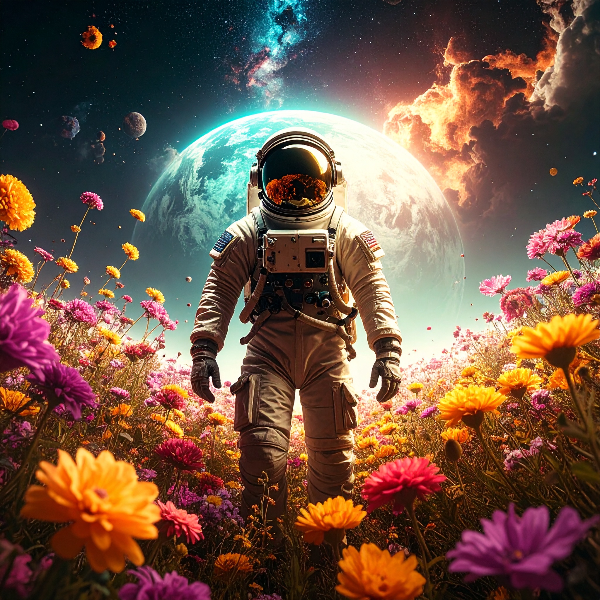 A hyper-realistic photograph of an astronaut floating weightlessly in the center of a vibrant cosmic nebula. The astronaut is surrounded by a field of otherworldly flowers that emit a bright neon glow