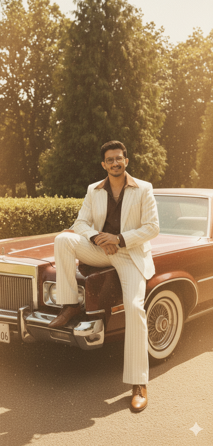 Hyper-realistic 1970s-inspired photo of stylish man with vintage car