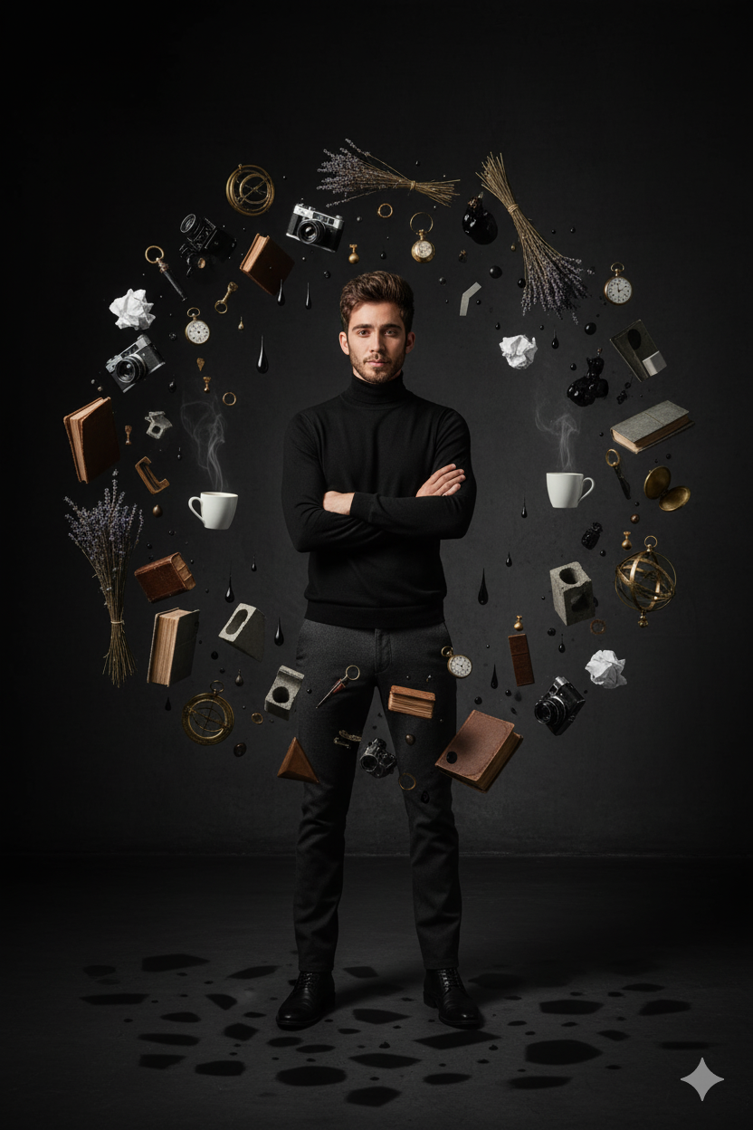 Hyper-Realistic Portrait: Confident Man and Floating Objects