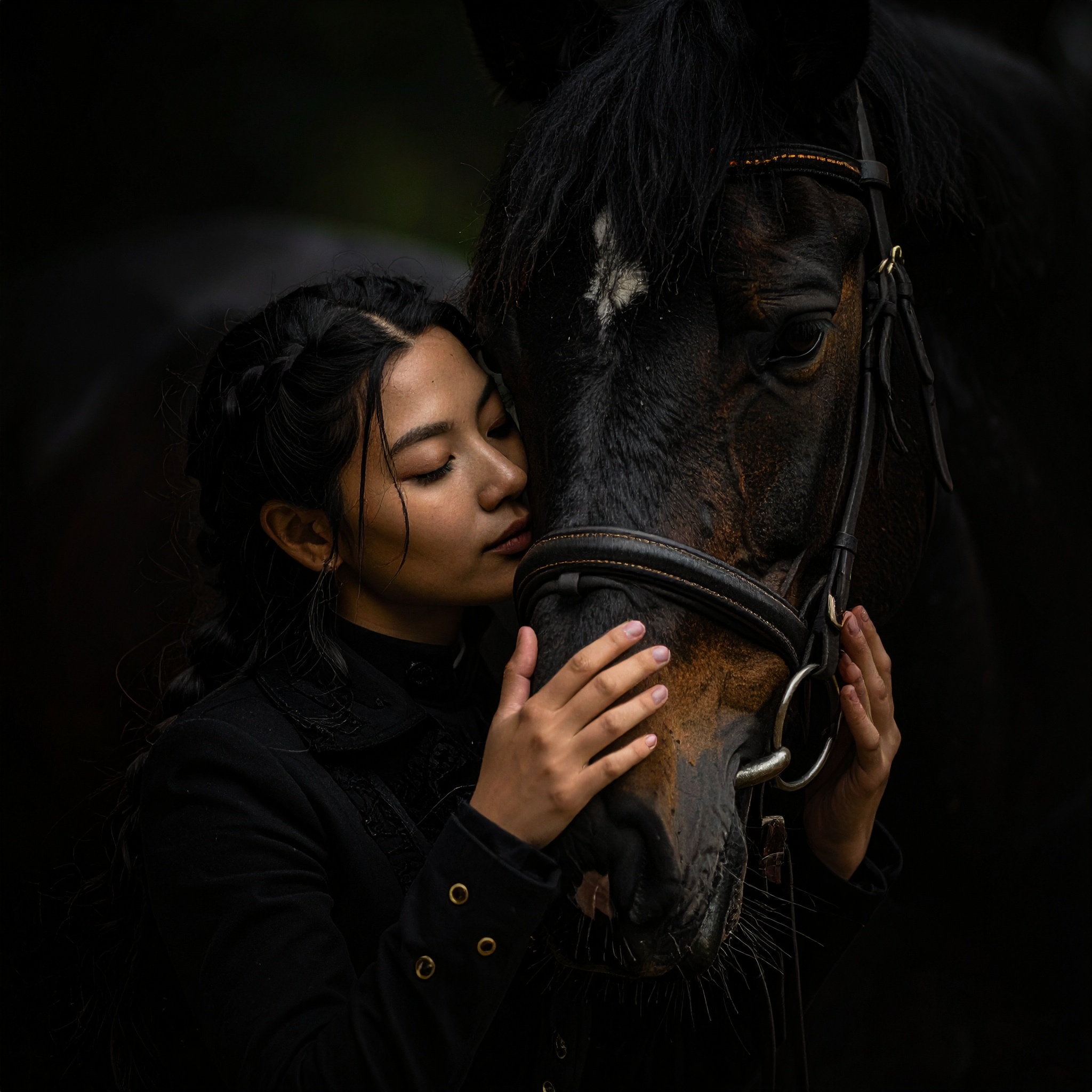 A hyperdetailed photorealistic image of a young farm girl and a pinto horse sharing a tender moment. She is resting her face against the horse's face, stroking and kissing his muzzle. The horse is low