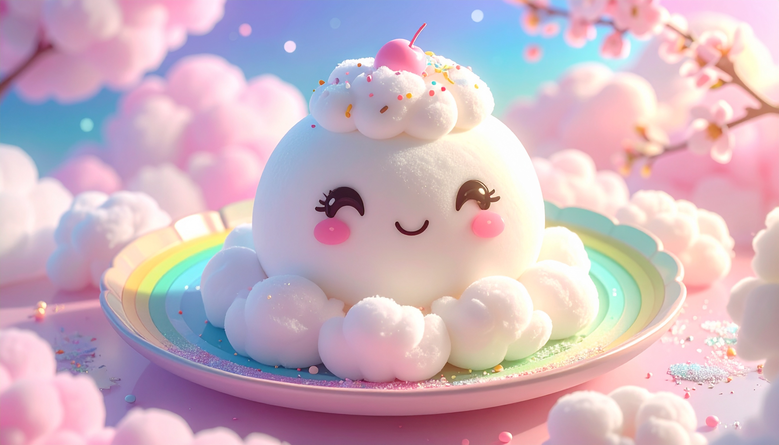 A kawaii-style fluffy dessert shaped like a smiling cloud, with a smooth, pillowy texture, soft white surface, and cute blushing cheeks. Topped with colorful rainbow sprinkles and a pink cherry. Place