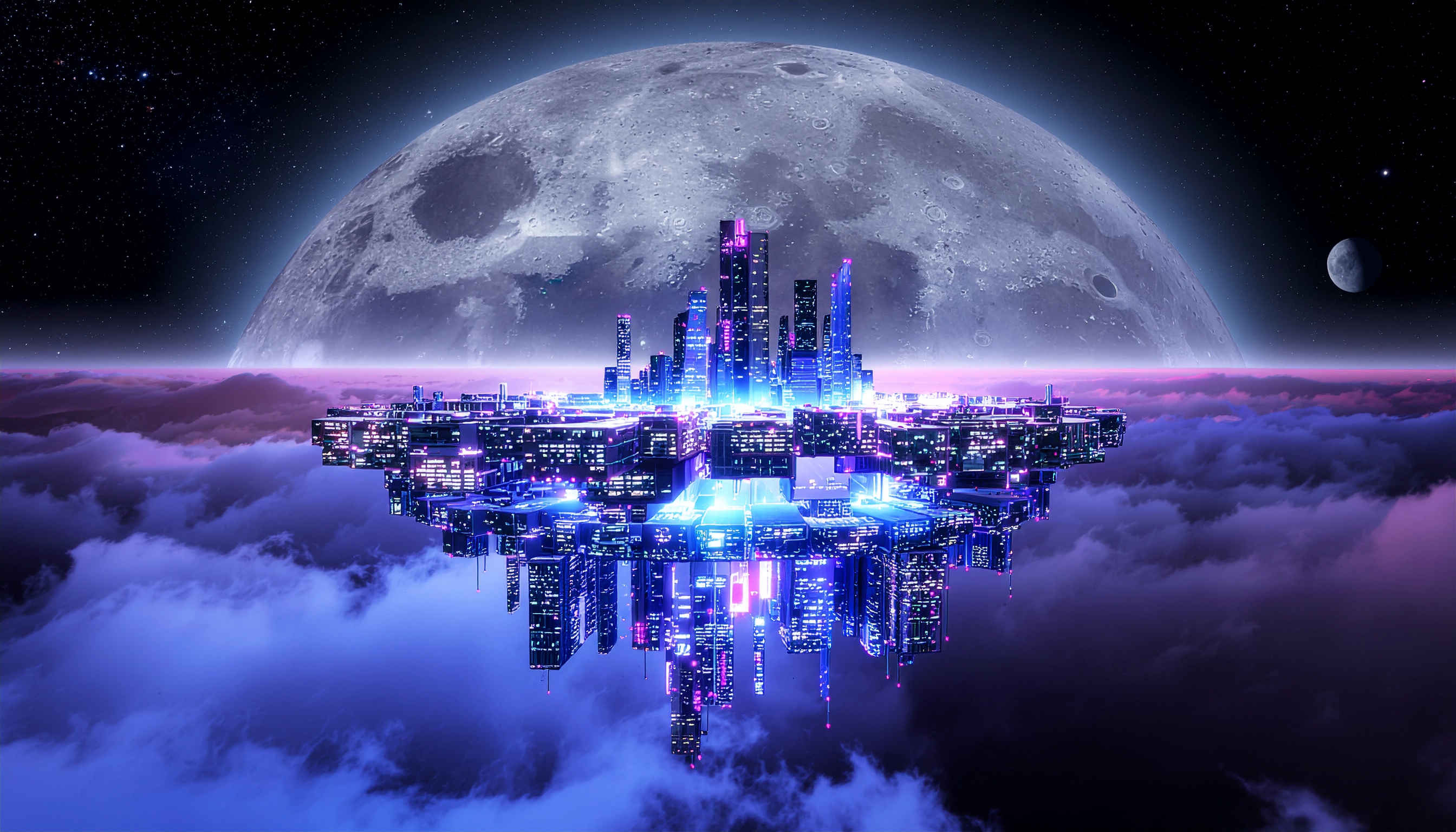 a large futuristic metropolis on an alien planet in the year 3025, many very high futuristic skyscrapers, it is night and a huge moon illuminates the city which itself is also illuminated by neon ligh