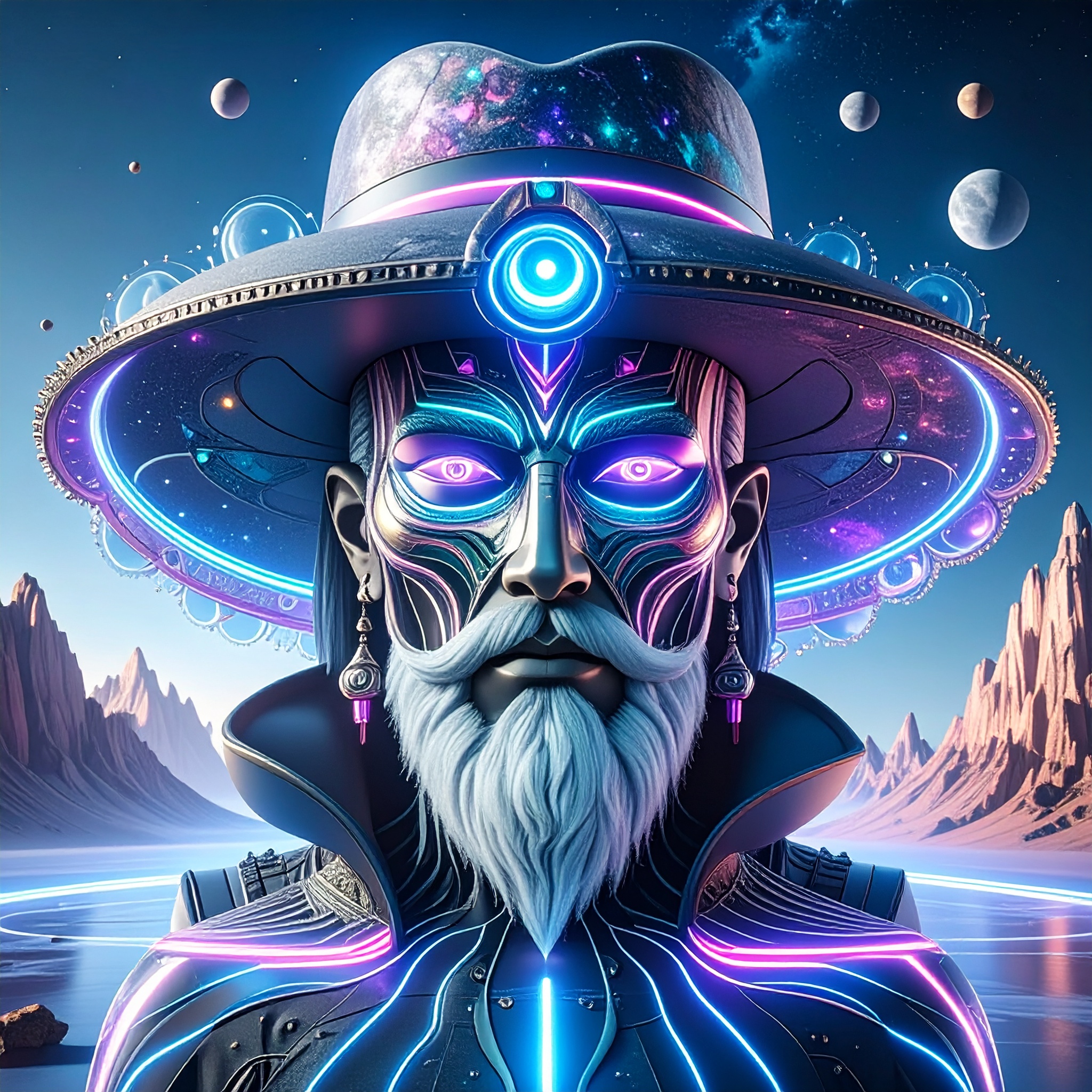 A large iridescent biomechanical mask of a magical wizard with a glowing black and white orb, surrounded by smaller floating mini crystallized spheres. The colorful chromatic iridescent structure, in 