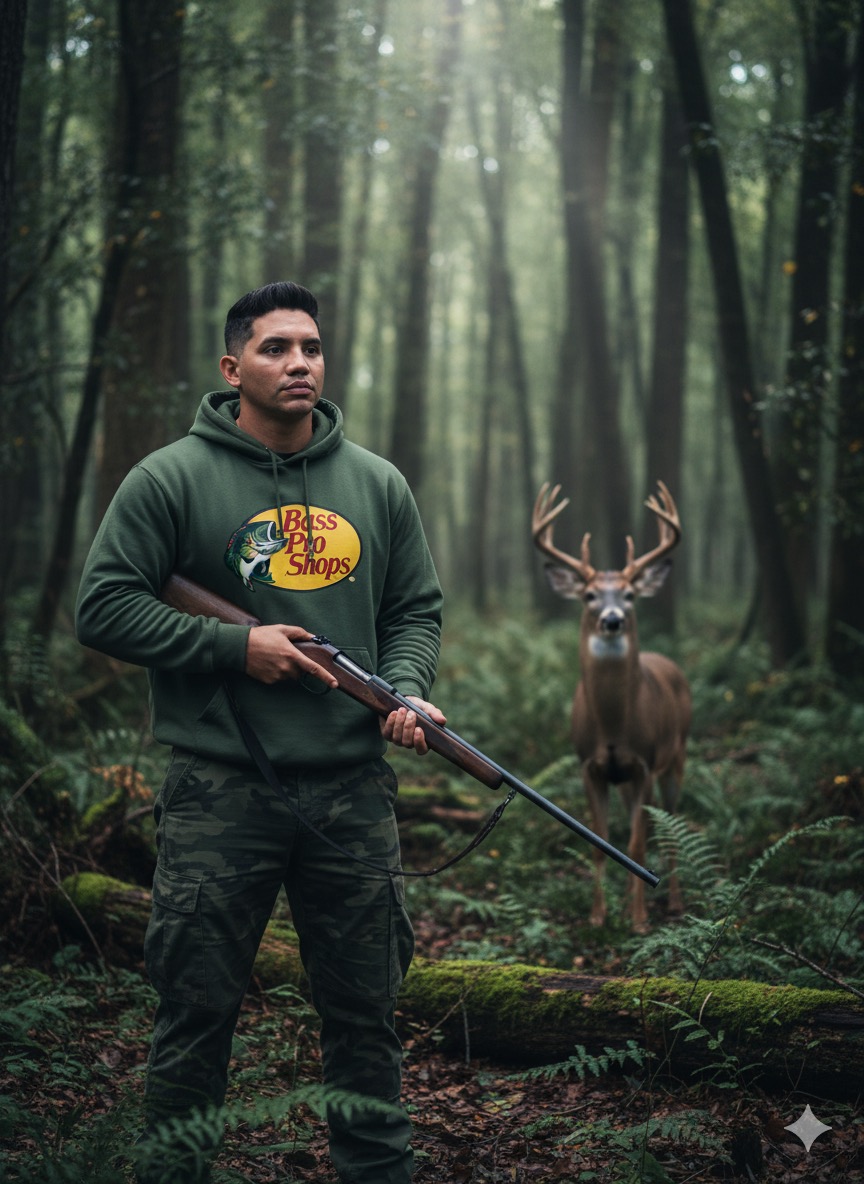 Cinematic Forest Scene: Man with Hunting Rifle