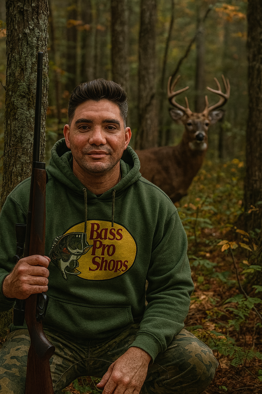 Man in forest with hunting rifle and deer