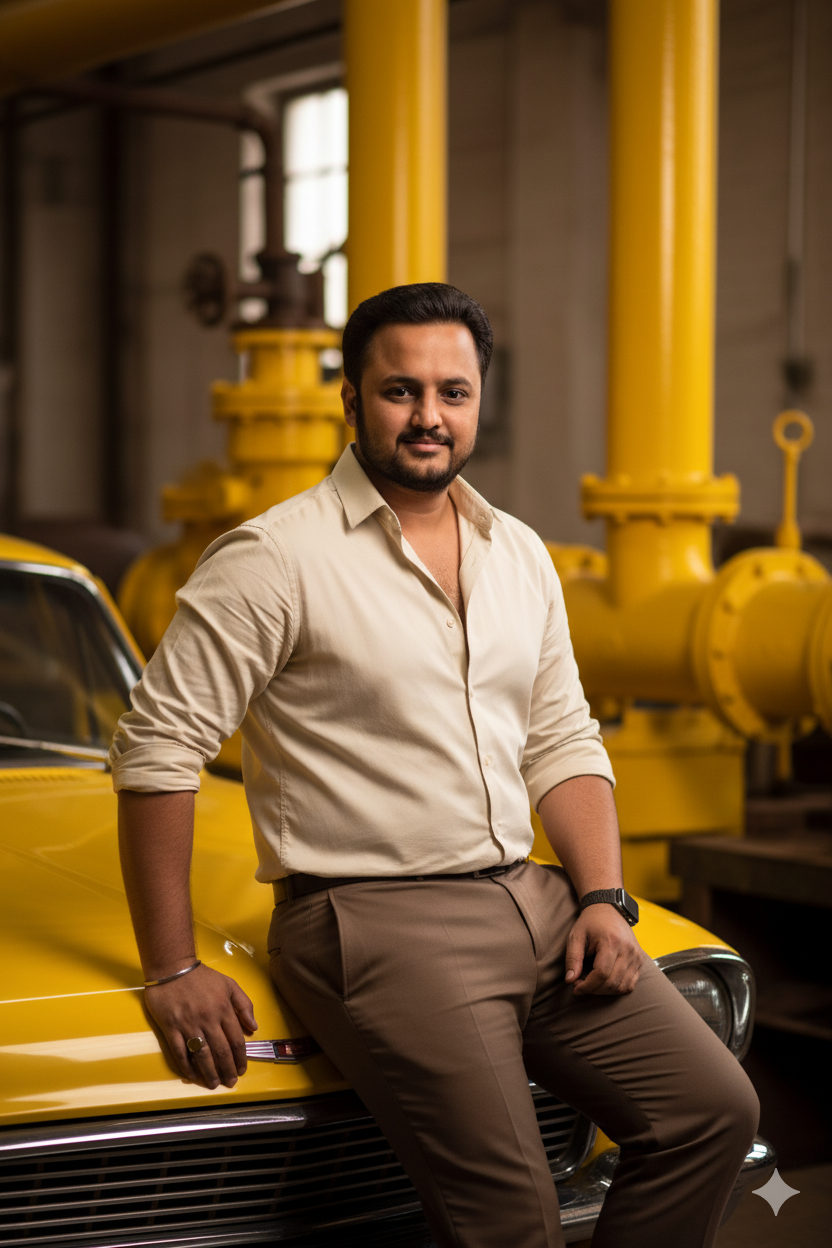 Vintage Man Leaning Against Yellow Car in Industrial Setting