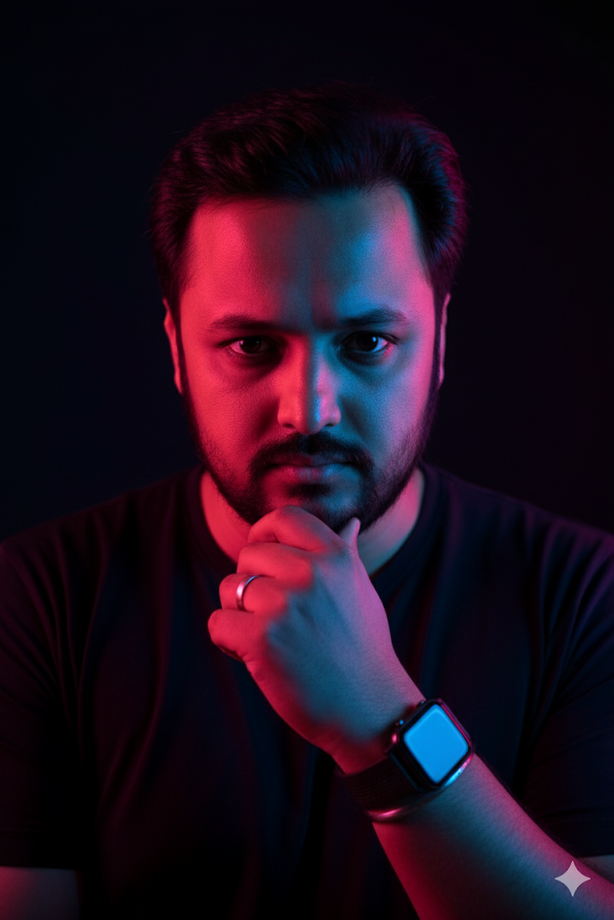 Dual-Colored Lighting Portrait of Contemplative Man