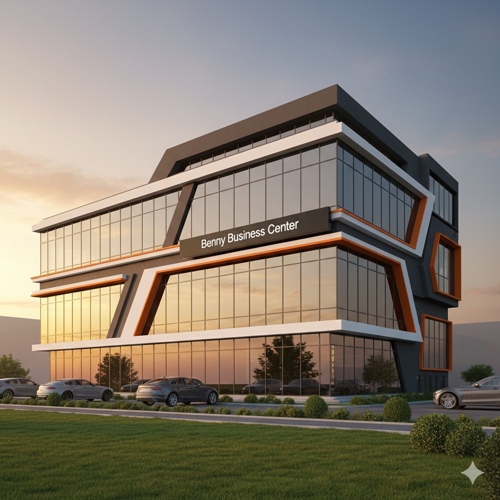 Futuristic Commercial Office Building Design at Sunset