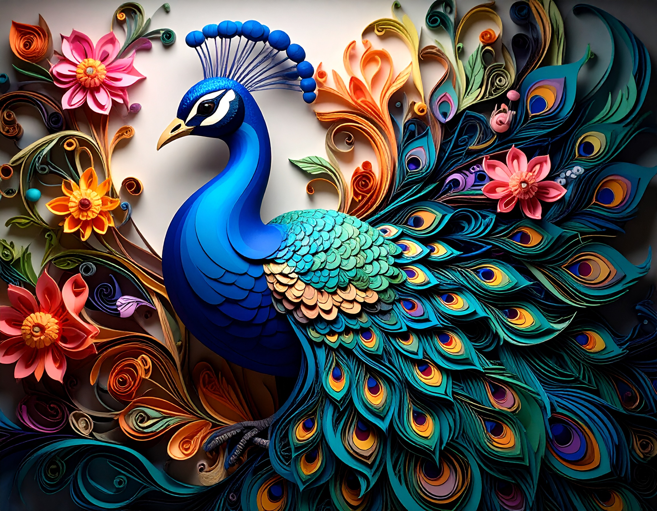 Vibrant Hyperrealistic Paper Quilling Peacock