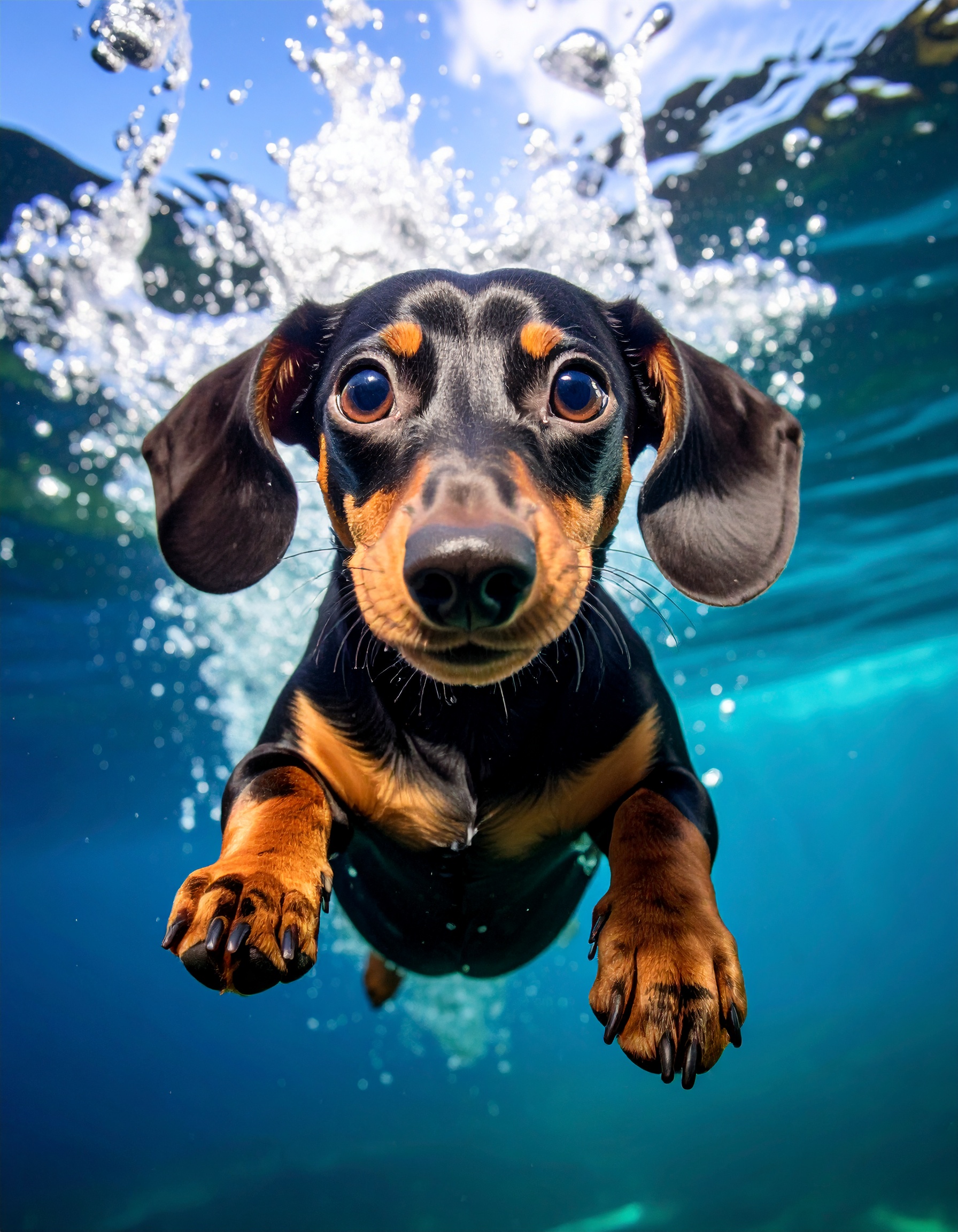 A photo of a dachshund swimming in the water taken on a dark blue water background