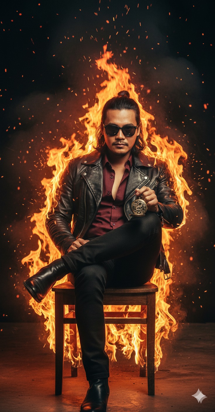 Inferno Portrait: Indonesian Man Amidst Flames