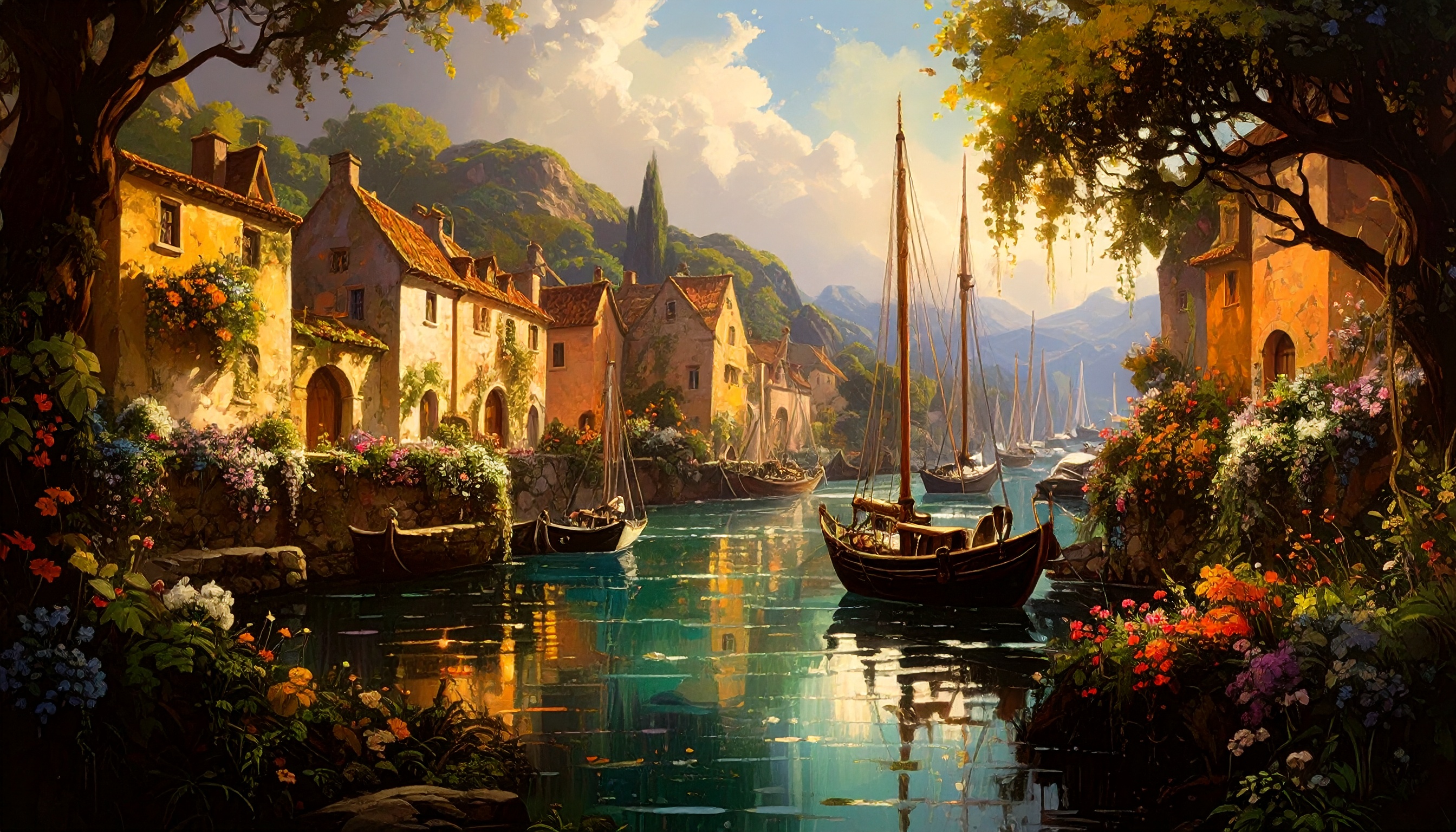 A picturesque harbor scene.  Colorful buildings, various shades of pastel yellow, peach, and light orange, are nestled on hillsides sloping down to a calm, vibrant blue bay.  The water is a deep, clea