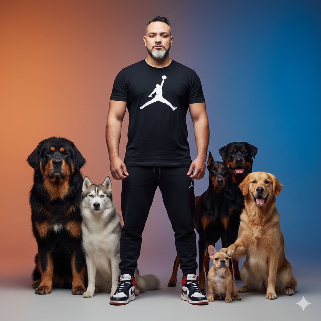 The Confident Young Man Surrounded by Dogs