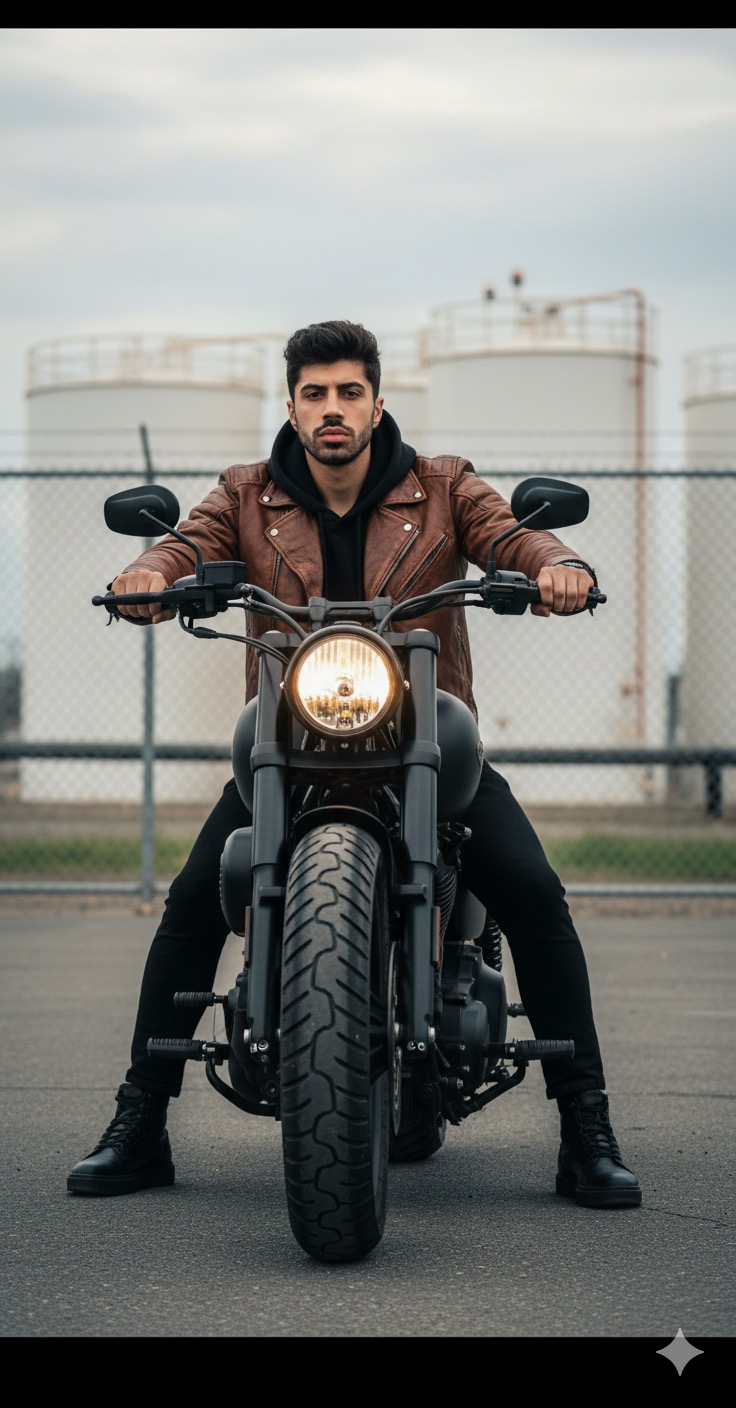 Cinematic Portrait: Man on Matte Black Motorcycle